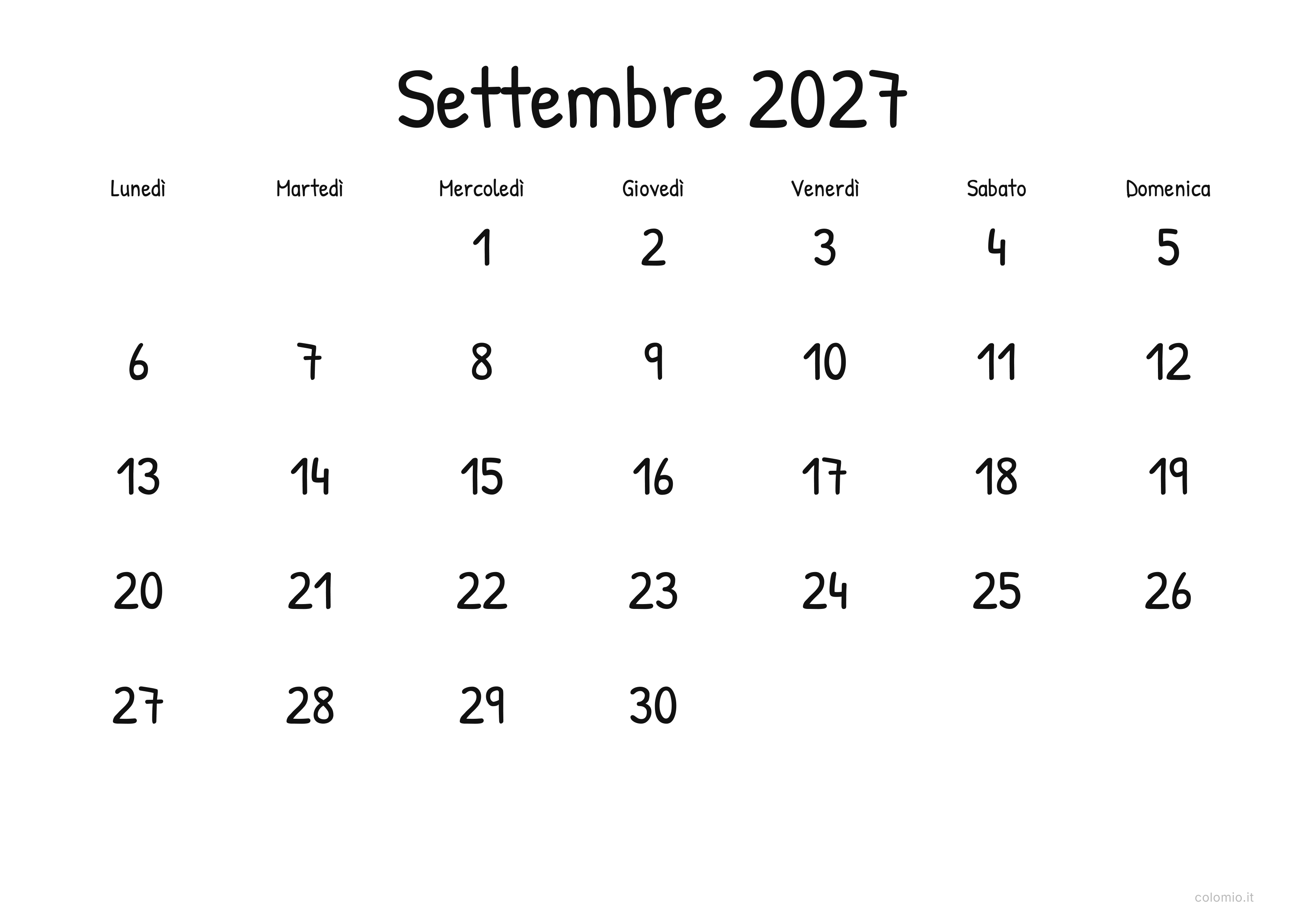 Calendario Settembre 2027 display · orizzontale, PDF da stampare