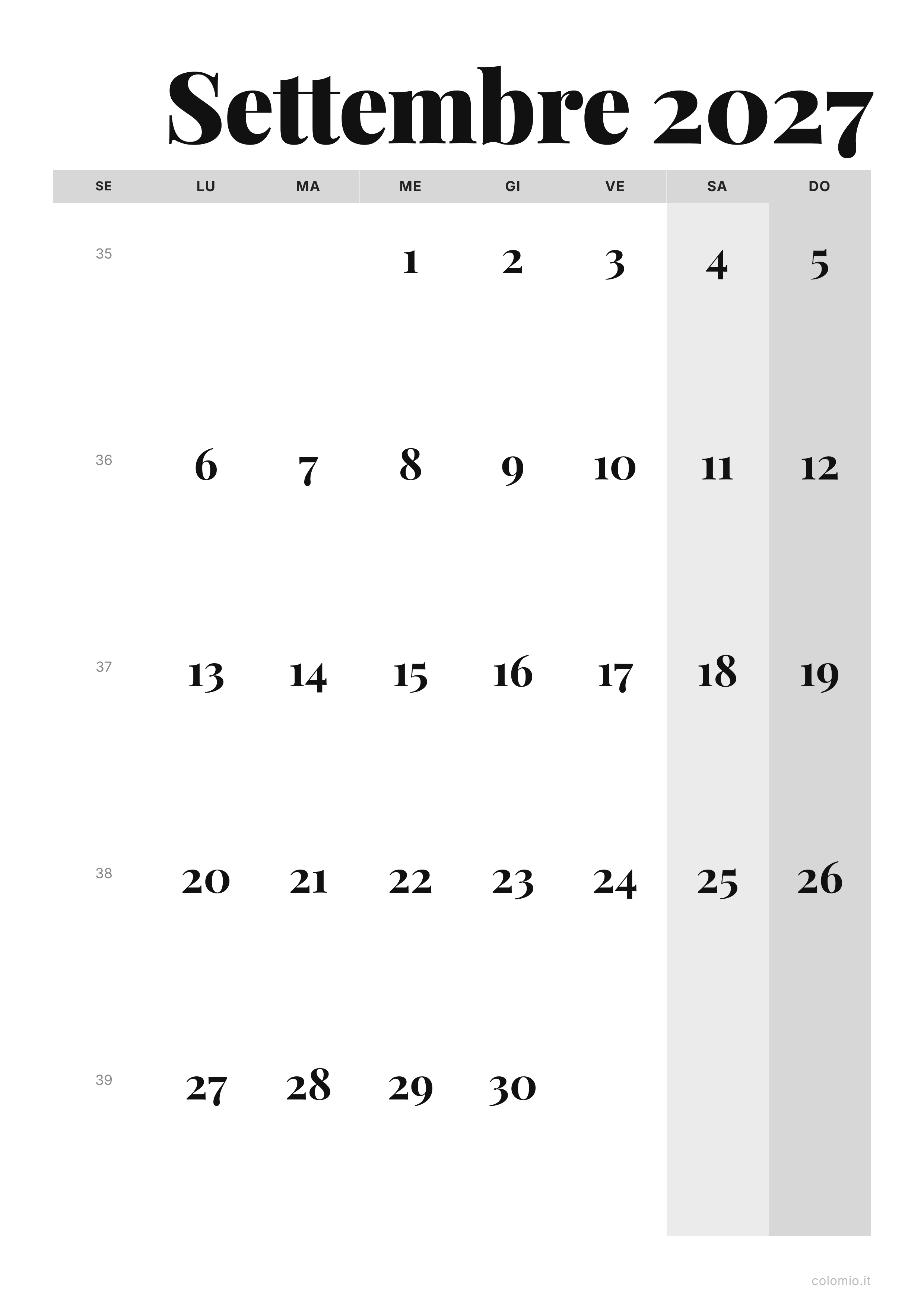 Calendario Settembre 2027 editoriale · verticale, PDF da stampare