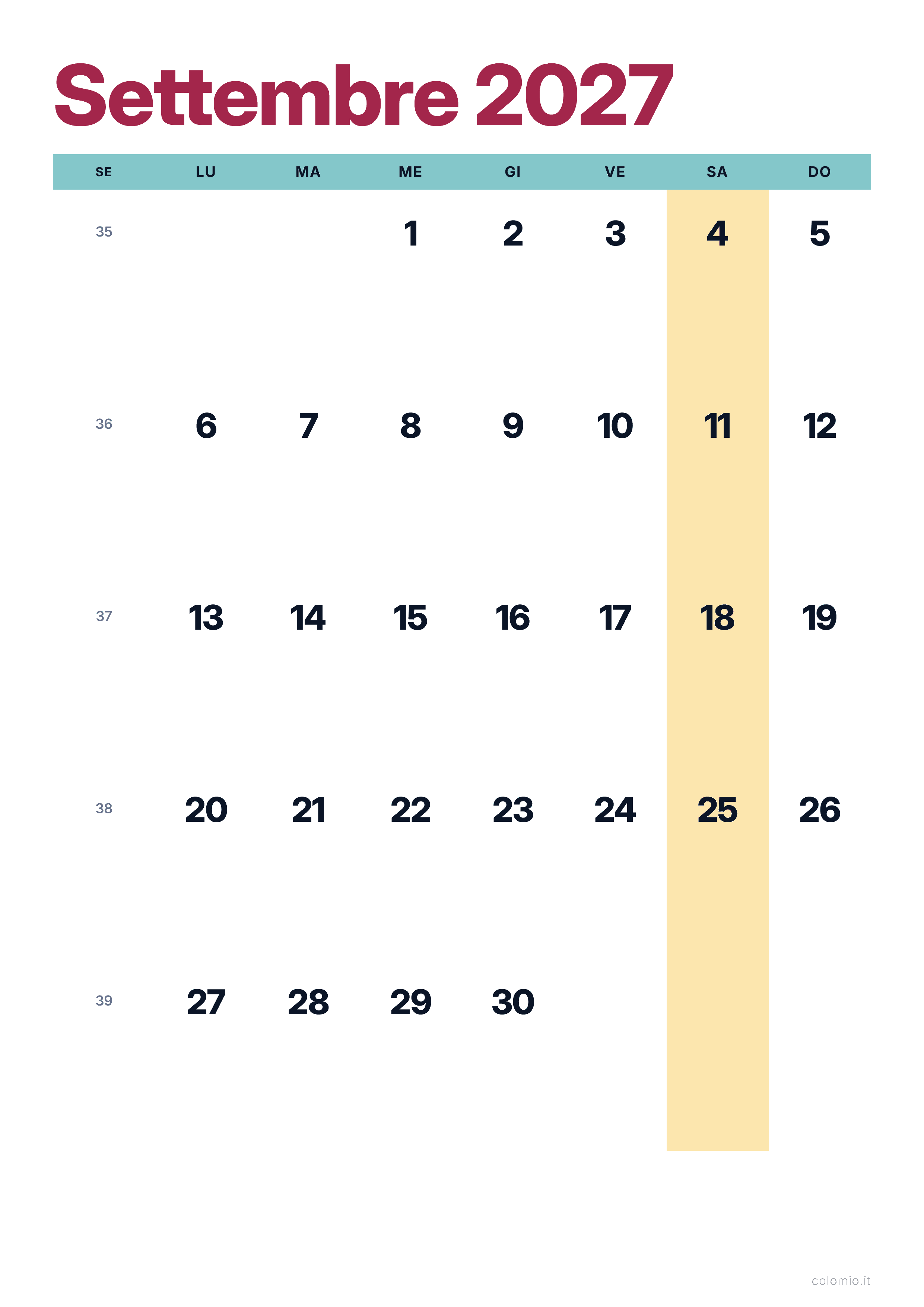 Calendario Settembre 2027 colorato & moderno · verticale, PDF da stampare