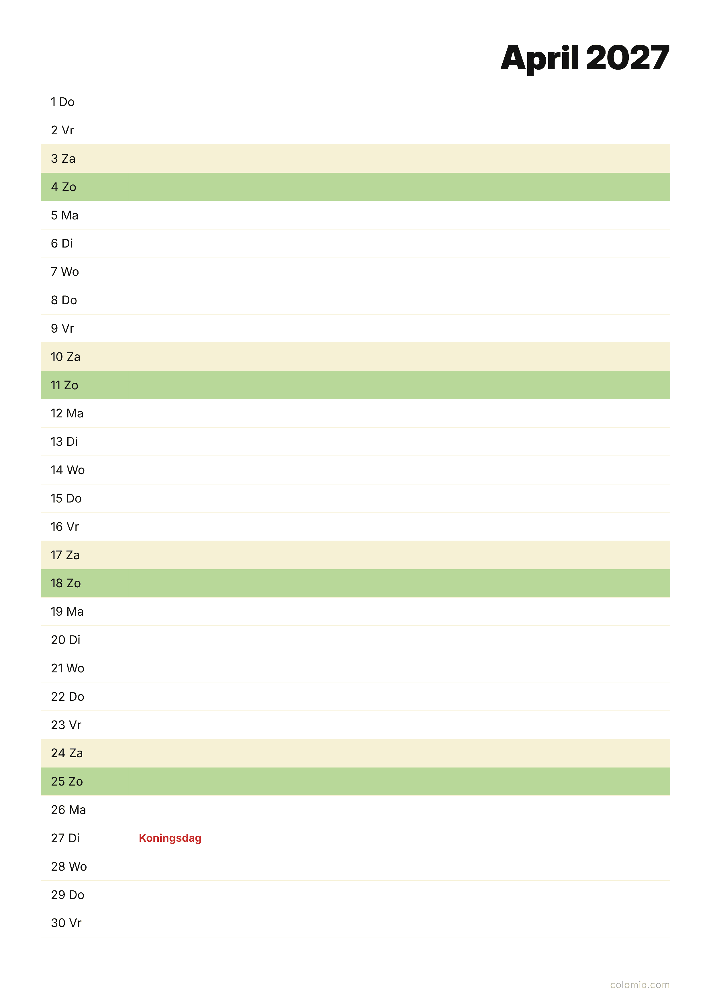 Kalender April 2027 agenda · staand, PDF om af te drukken