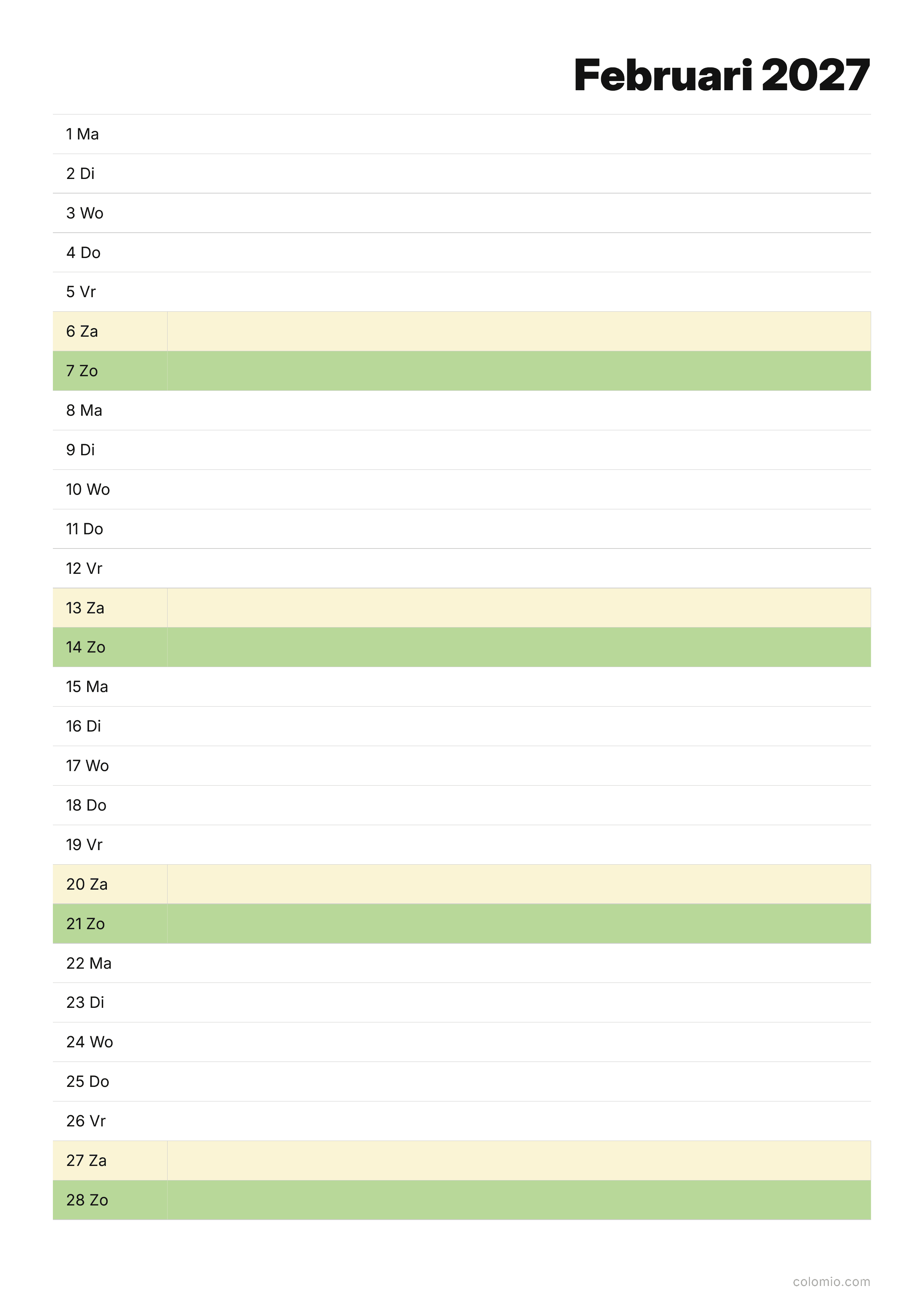 Kalender Februari 2027 agenda · staand, PDF om af te drukken