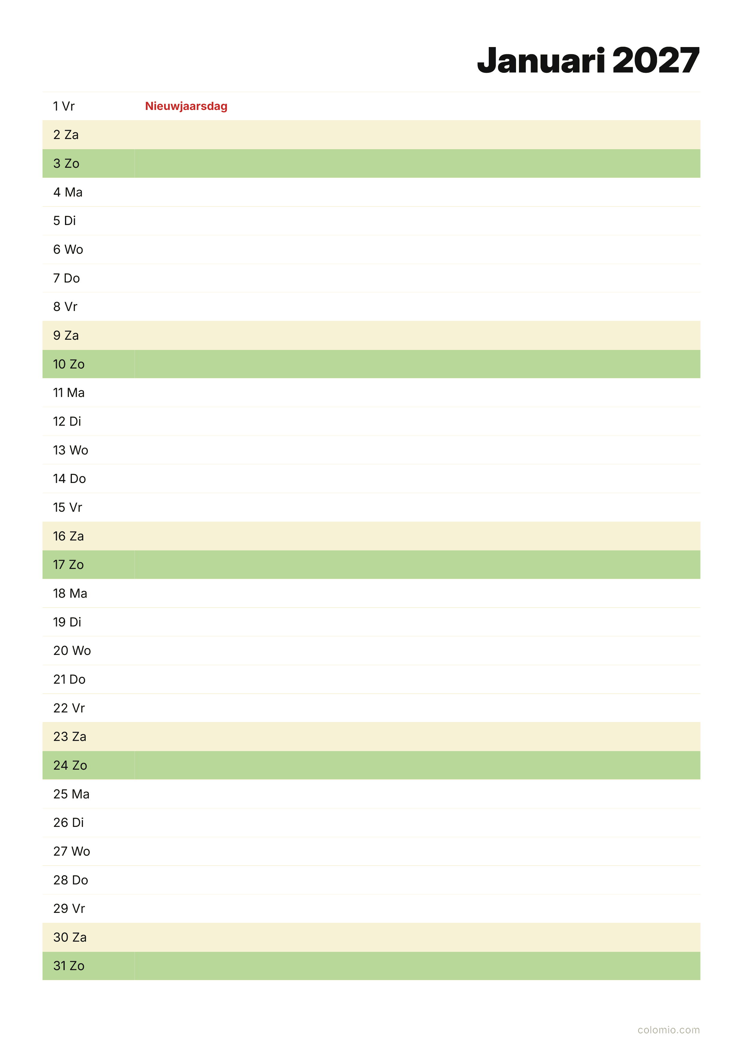 Kalender Januari 2027 agenda · staand, PDF om af te drukken