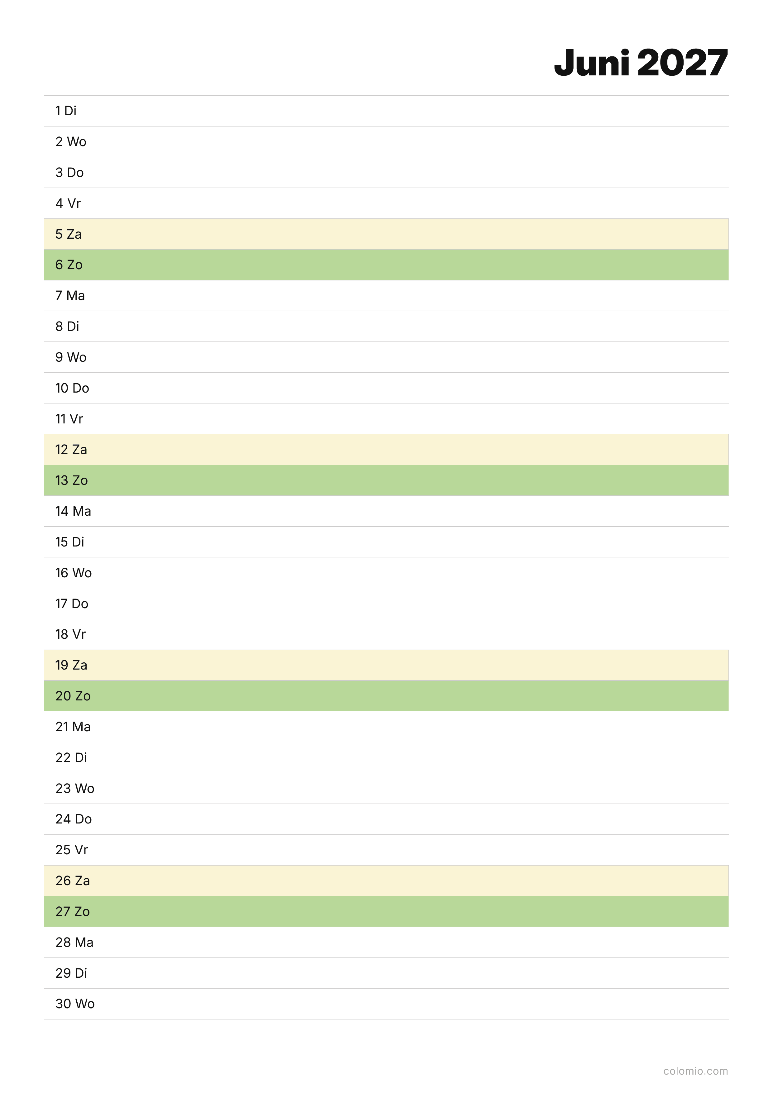 Kalender Juni 2027 agenda · staand, PDF om af te drukken