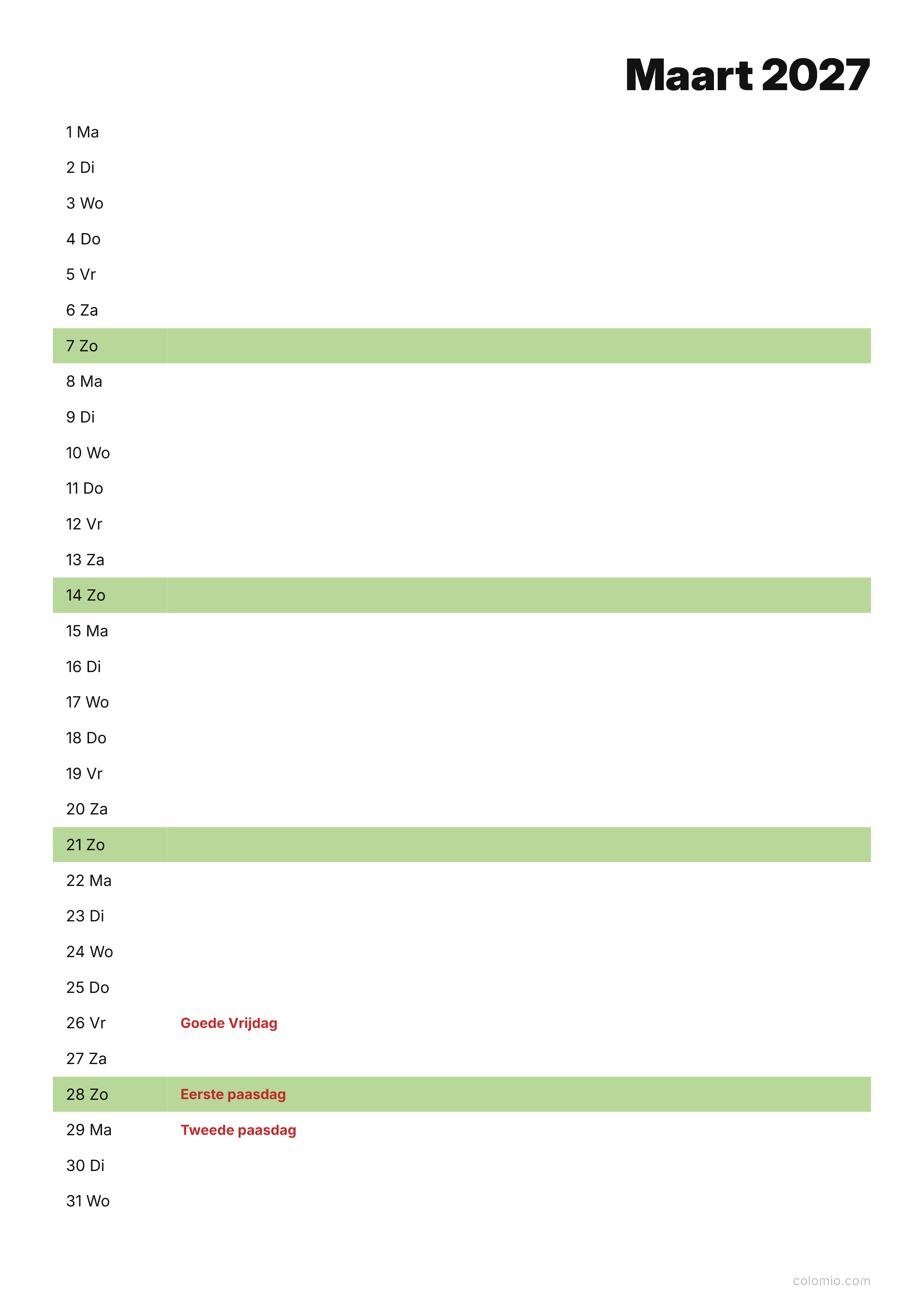 Kalender Maart 2027 agenda · staand, PDF om af te drukken