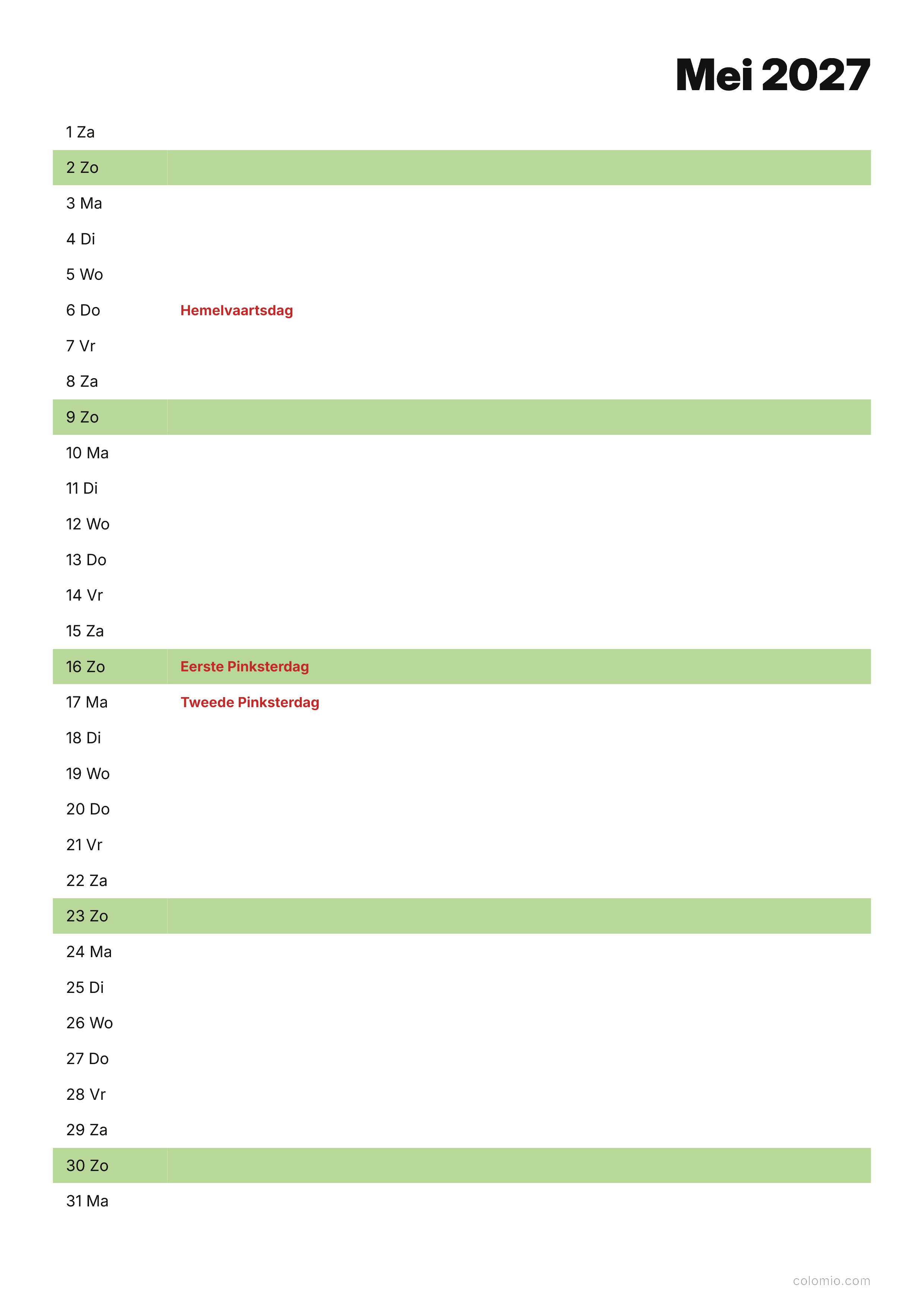 Kalender Mei 2027 agenda · staand, PDF om af te drukken