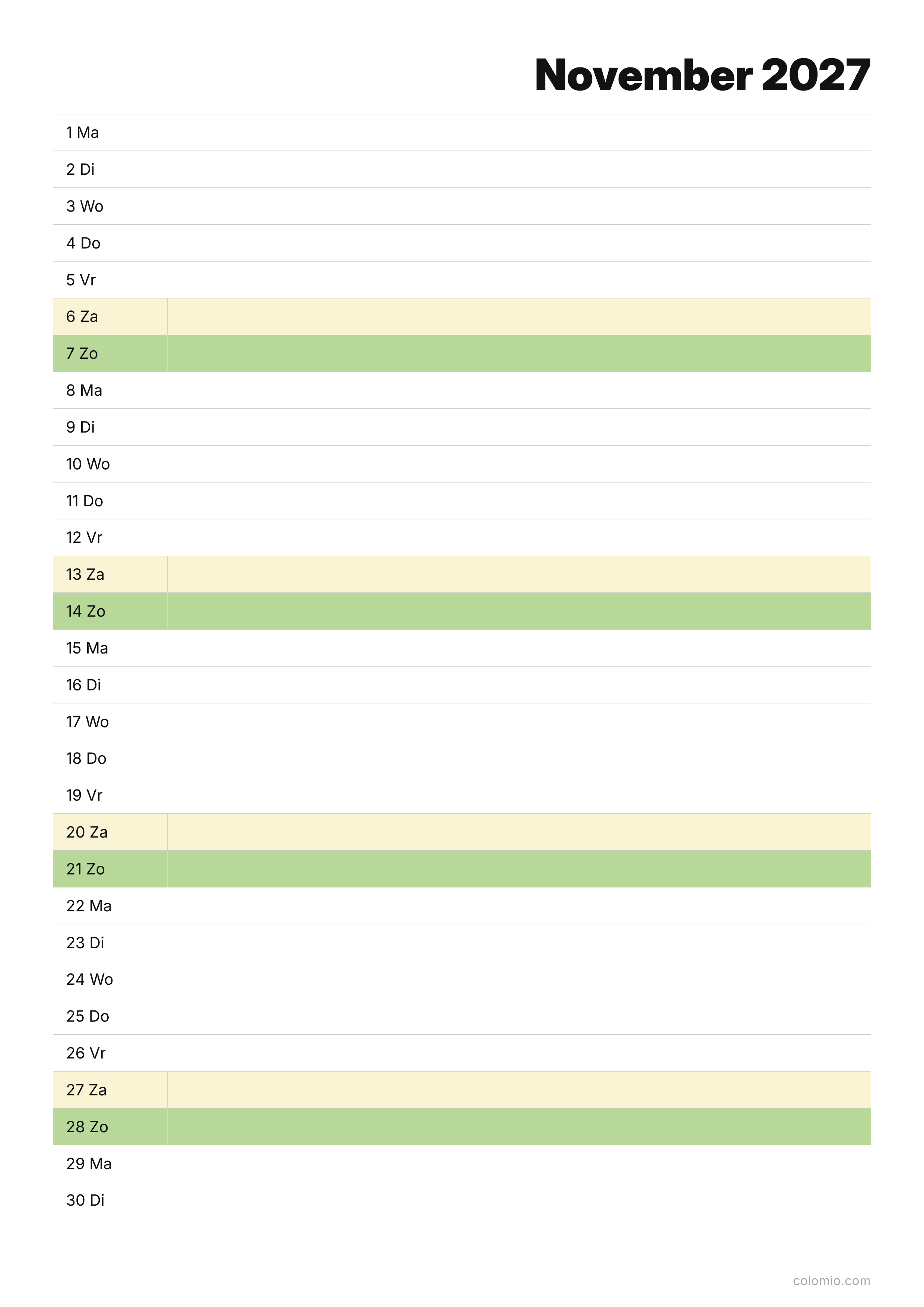 Kalender November 2027 agenda · staand, PDF om af te drukken