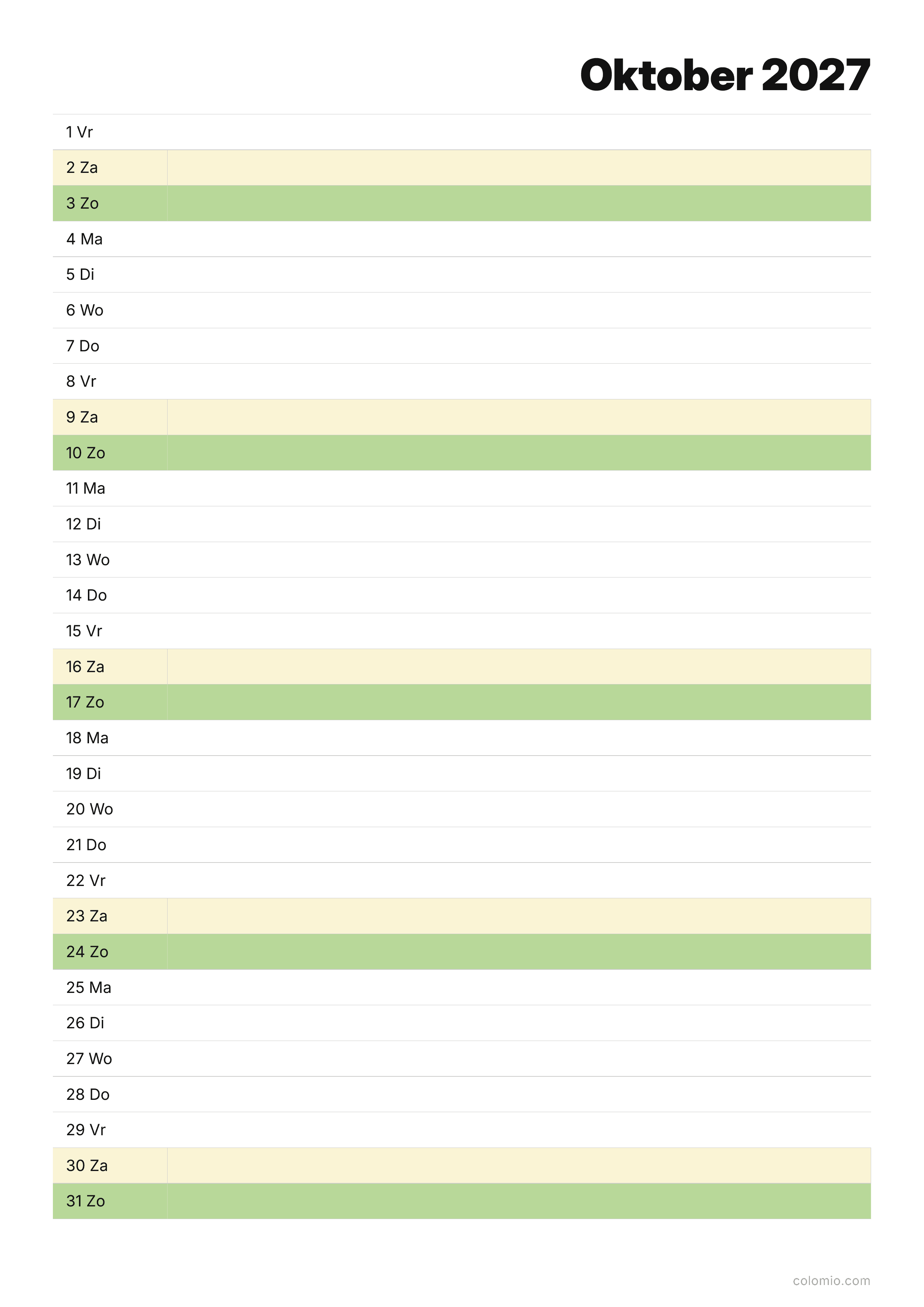 Kalender Oktober 2027 agenda · staand, PDF om af te drukken
