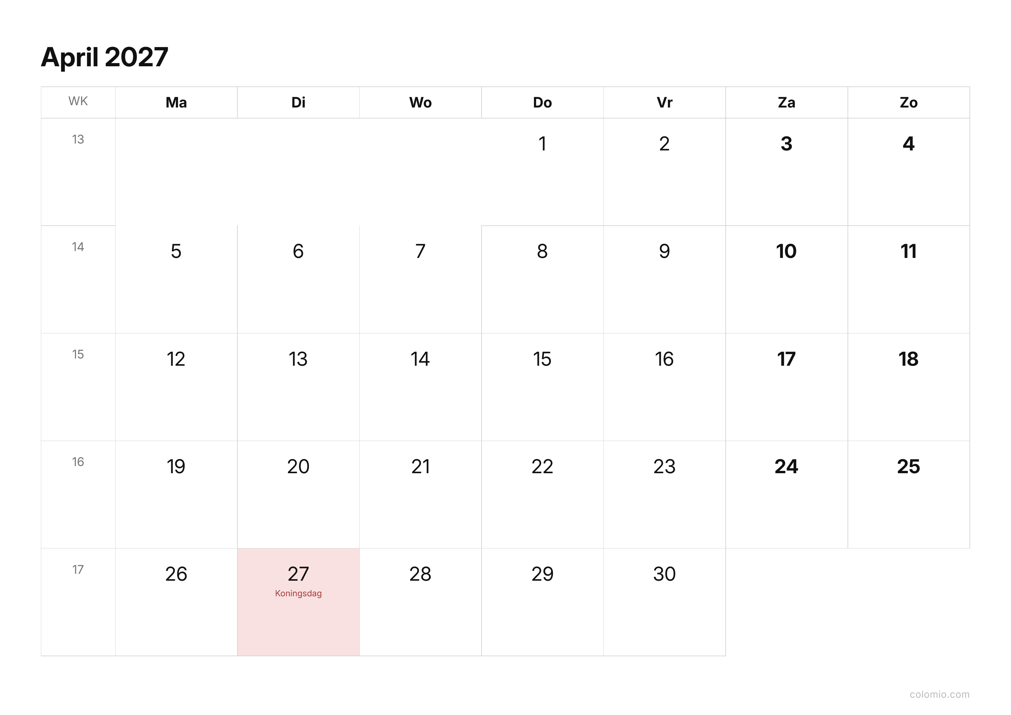 Kalender April 2027 strak · liggend, PDF om af te drukken