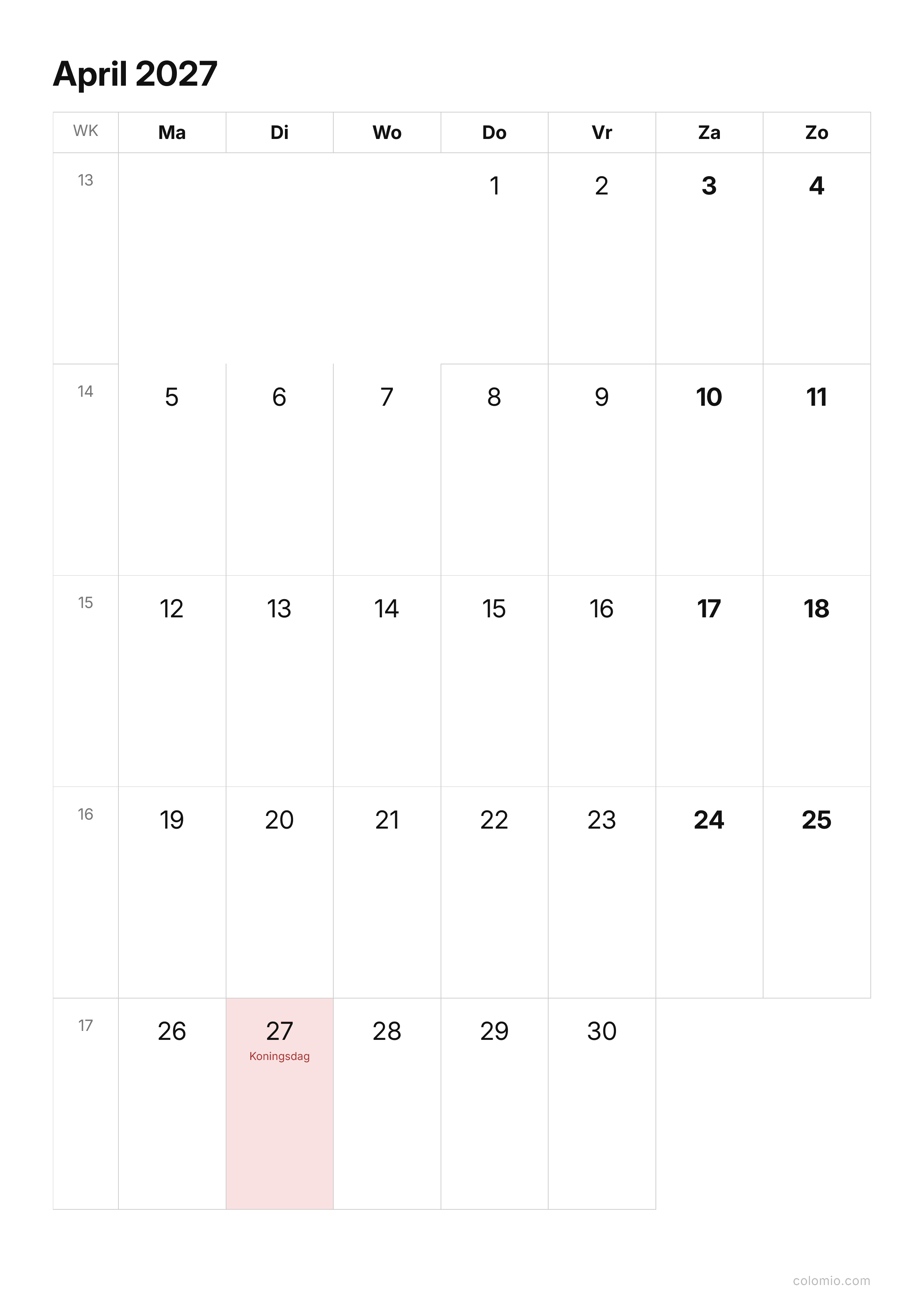 Kalender April 2027 strak · staand, PDF om af te drukken
