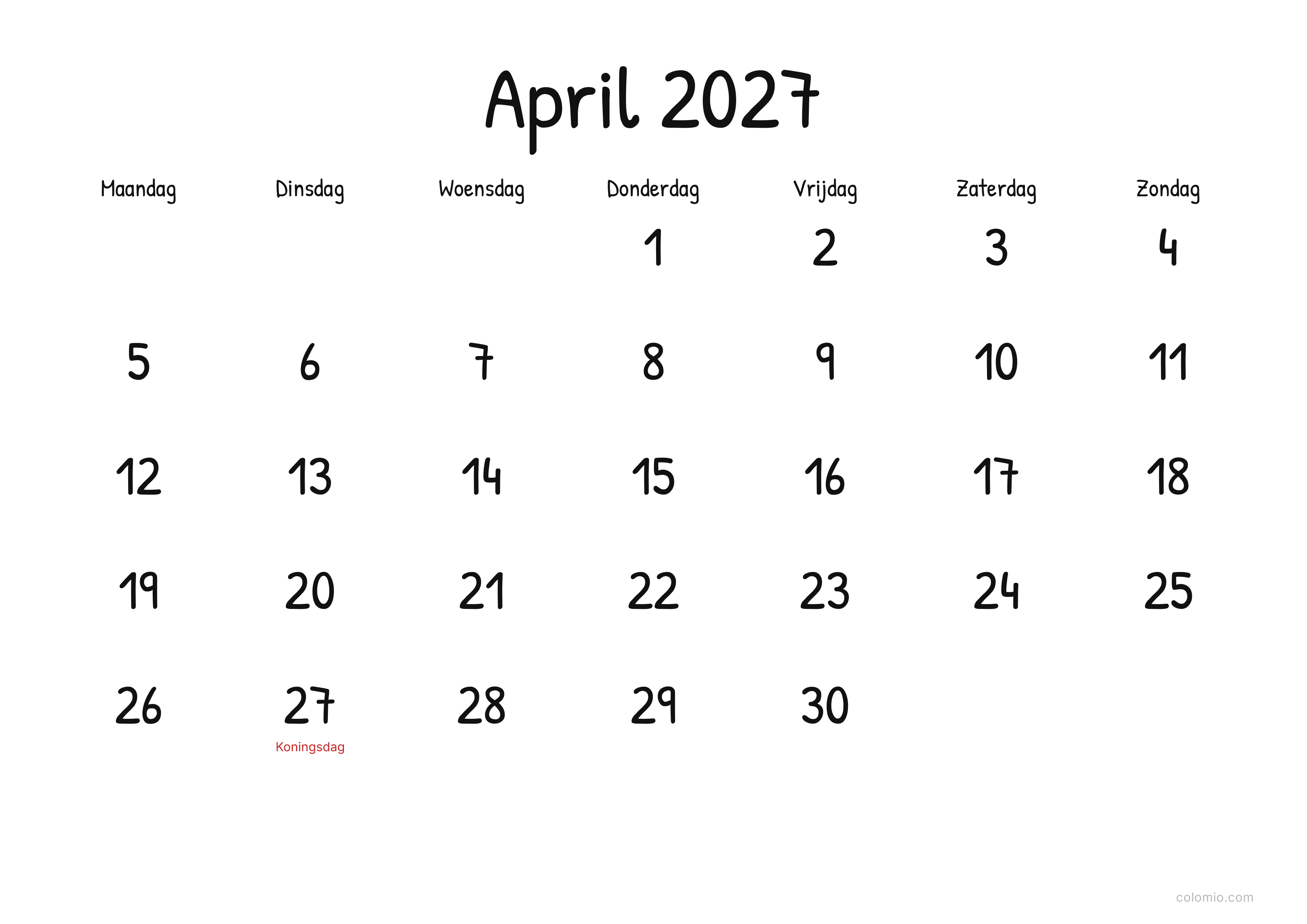 Kalender April 2027 display · liggend, PDF om af te drukken
