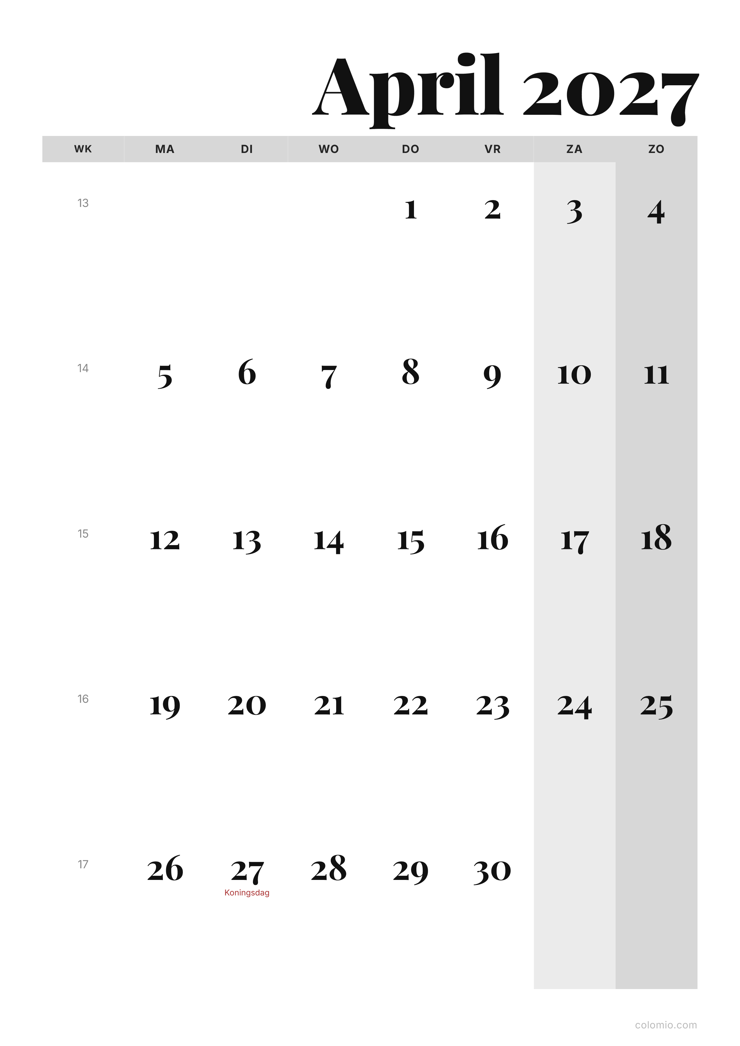 Kalender April 2027 editorial · staand, PDF om af te drukken