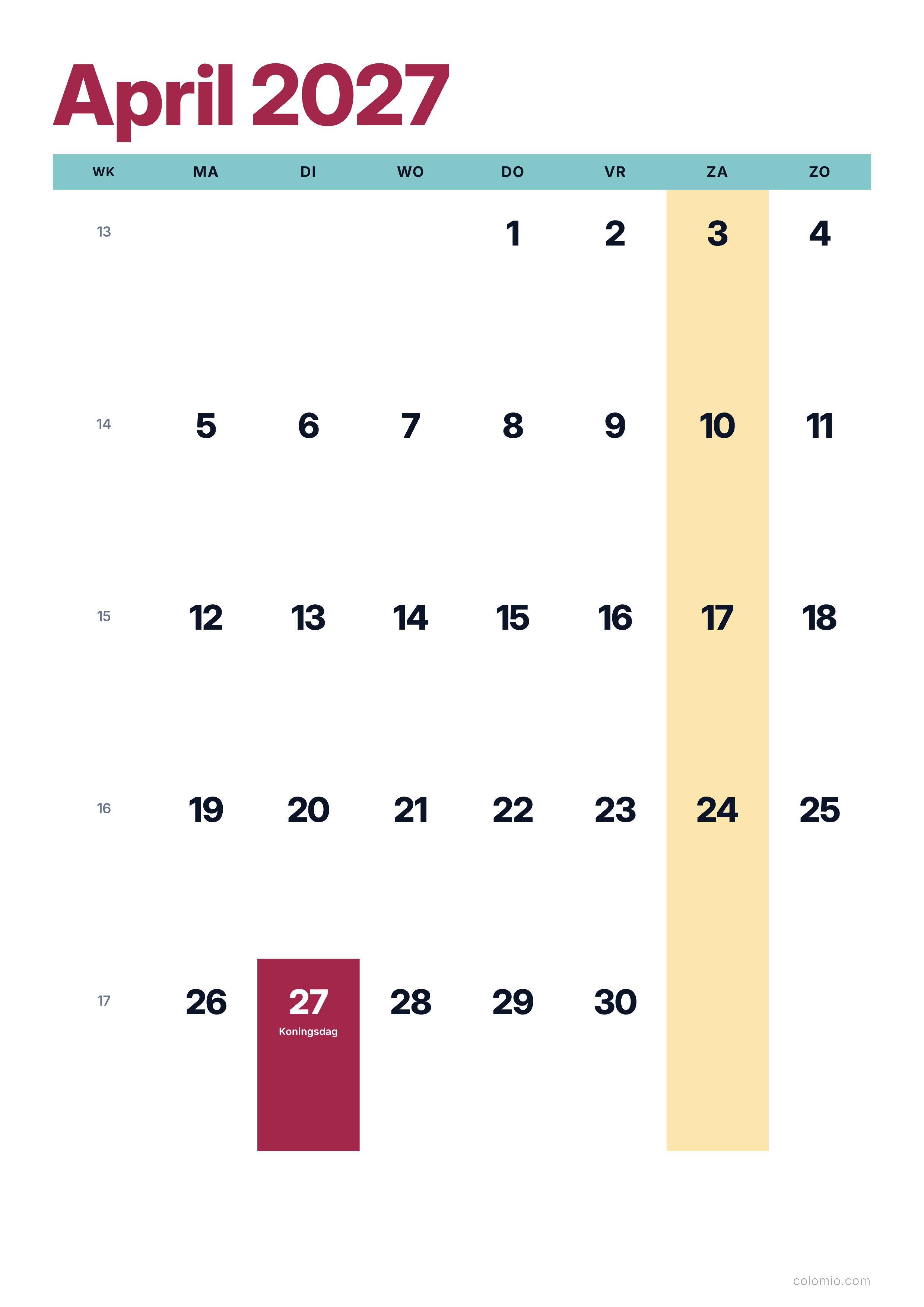 Kalender April 2027 kleurrijk & modern · staand, PDF om af te drukken