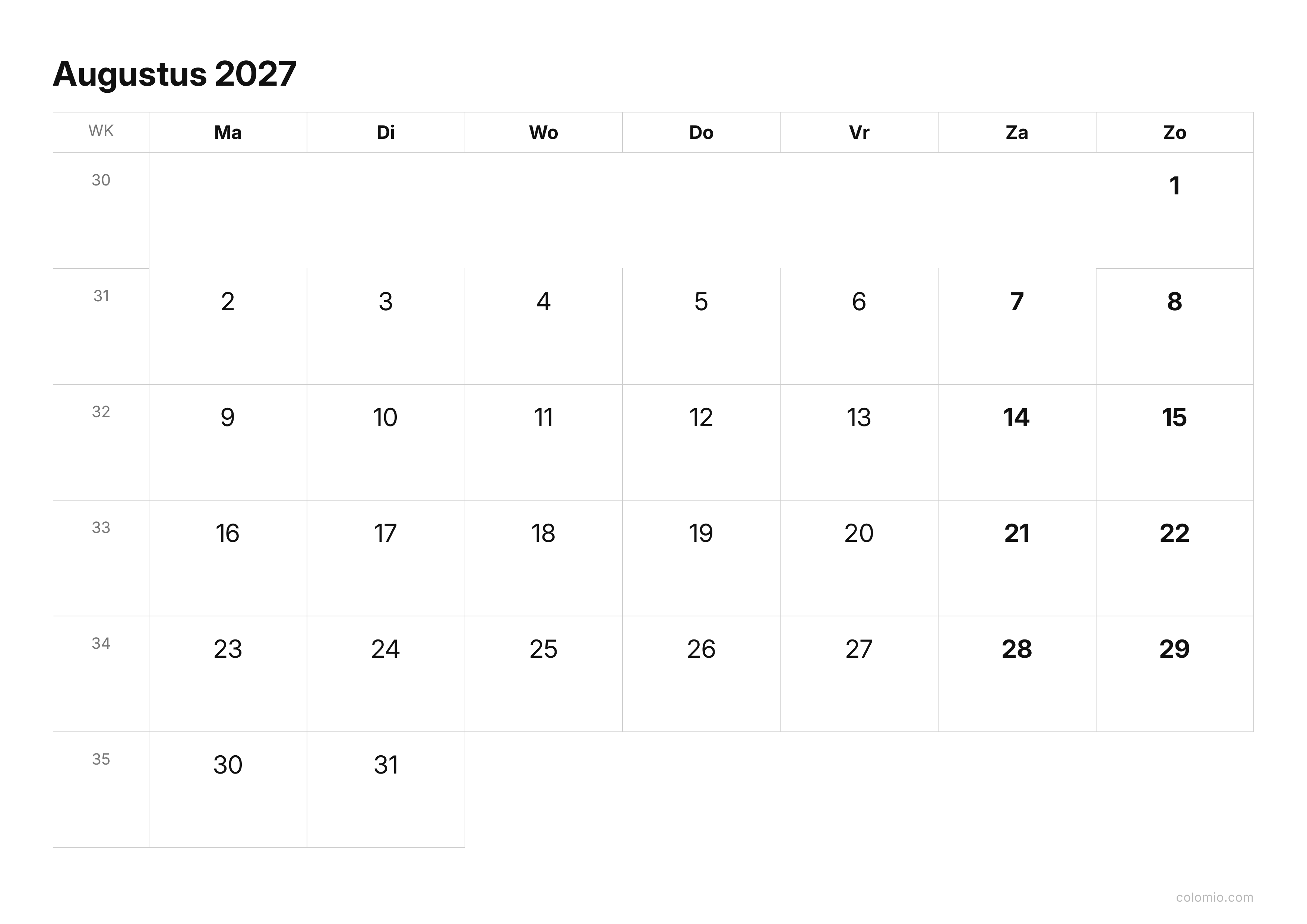 Kalender Augustus 2027 strak · liggend, PDF om af te drukken