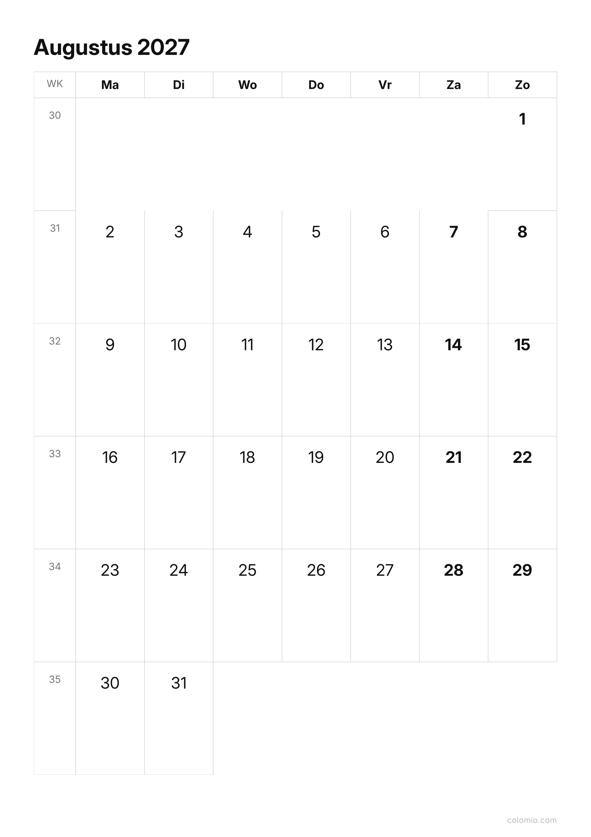 Kalender Augustus 2027 strak · staand, PDF om af te drukken
