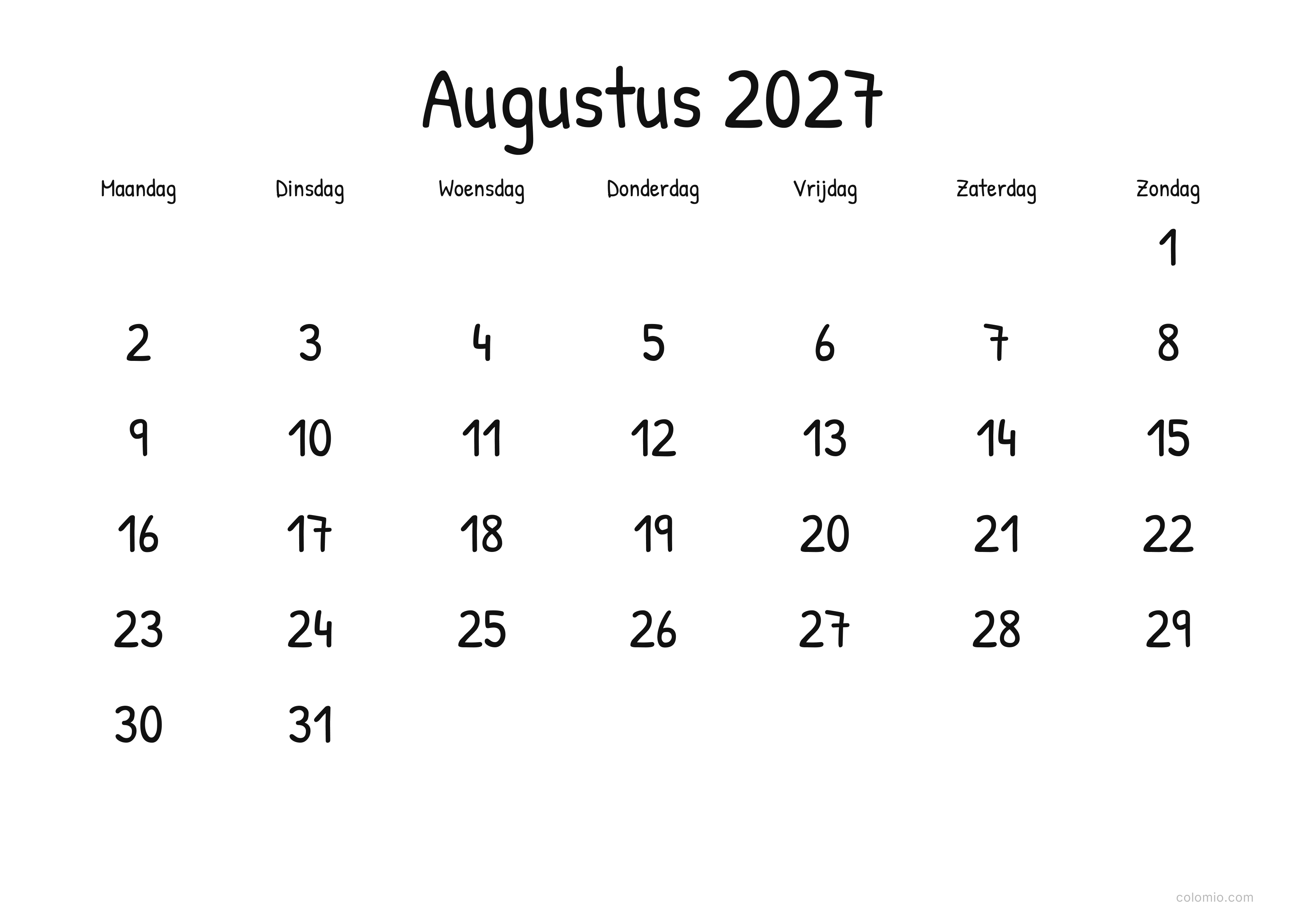 Kalender Augustus 2027 display · liggend, PDF om af te drukken