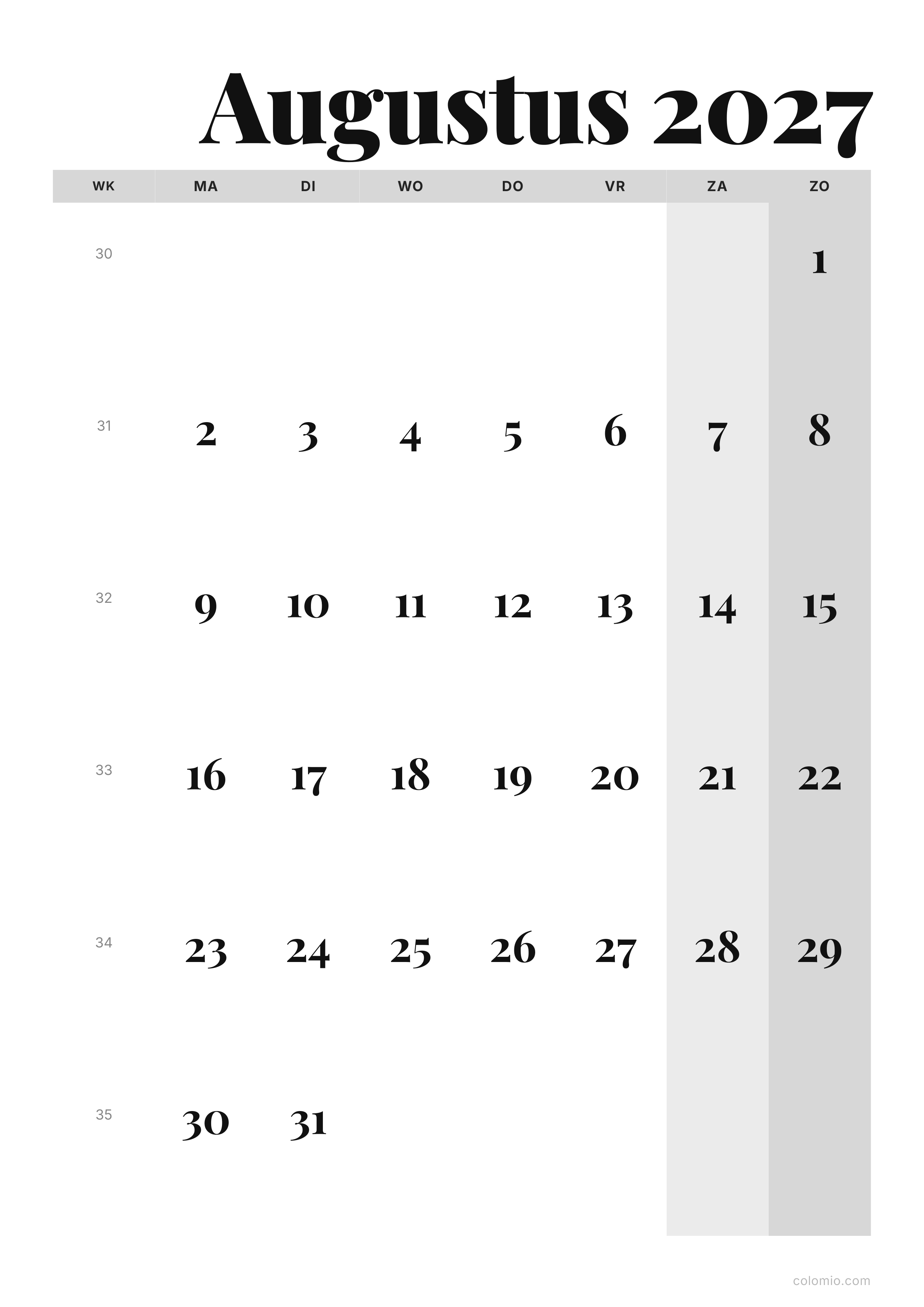 Kalender Augustus 2027 editorial · staand, PDF om af te drukken