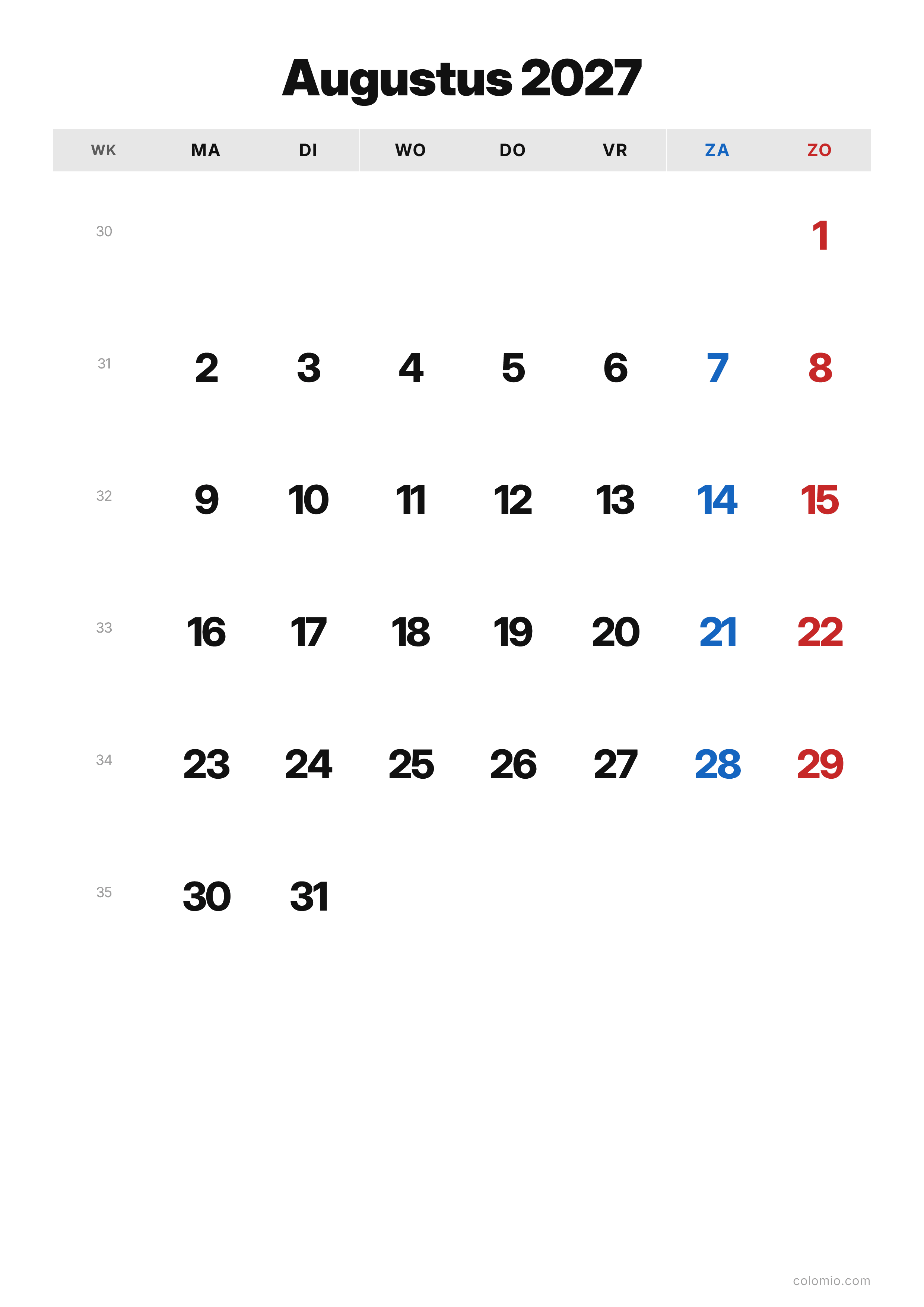 Kalender Augustus 2027 klassiek · staand, PDF om af te drukken