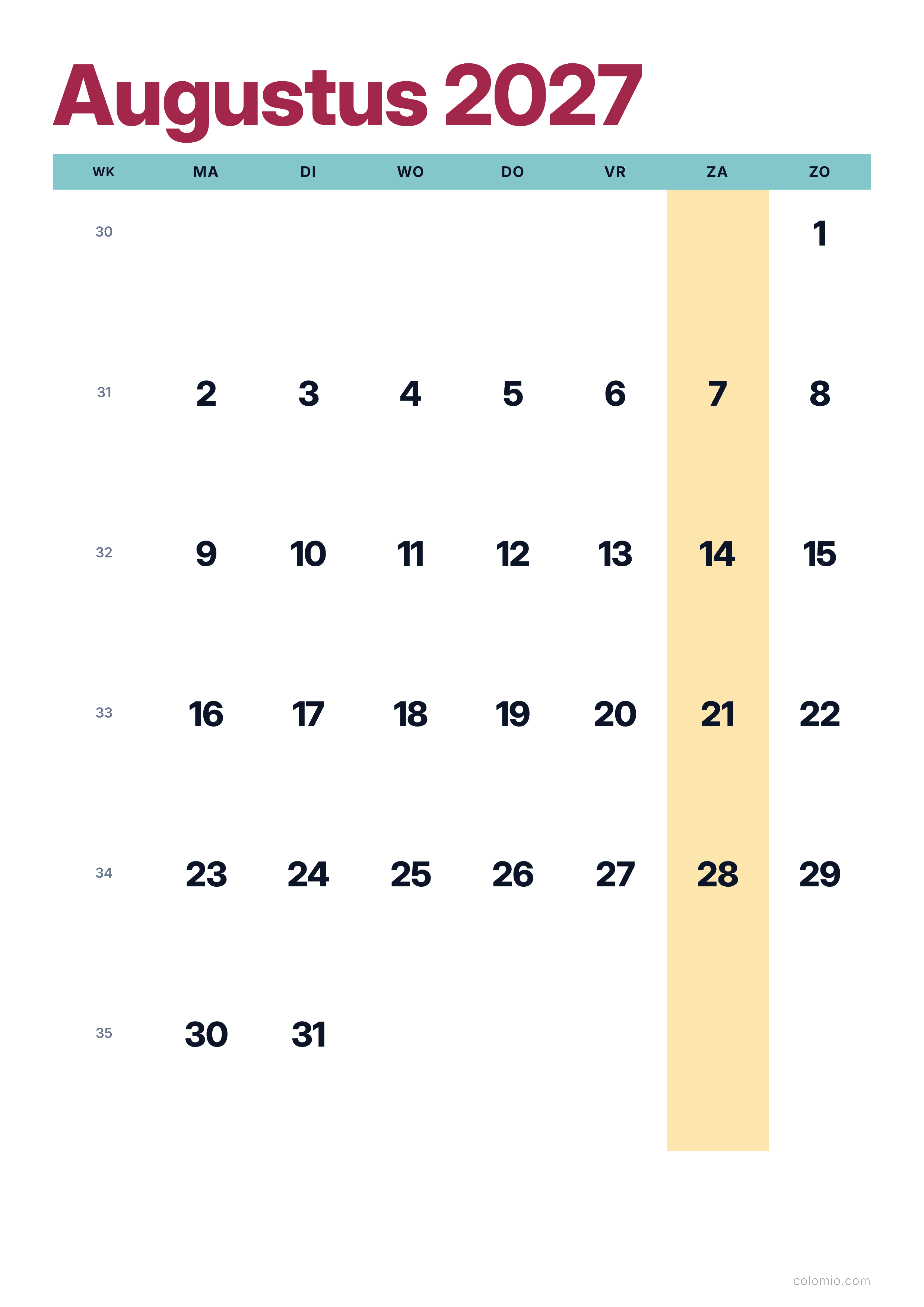 Kalender Augustus 2027 kleurrijk & modern · staand, PDF om af te drukken