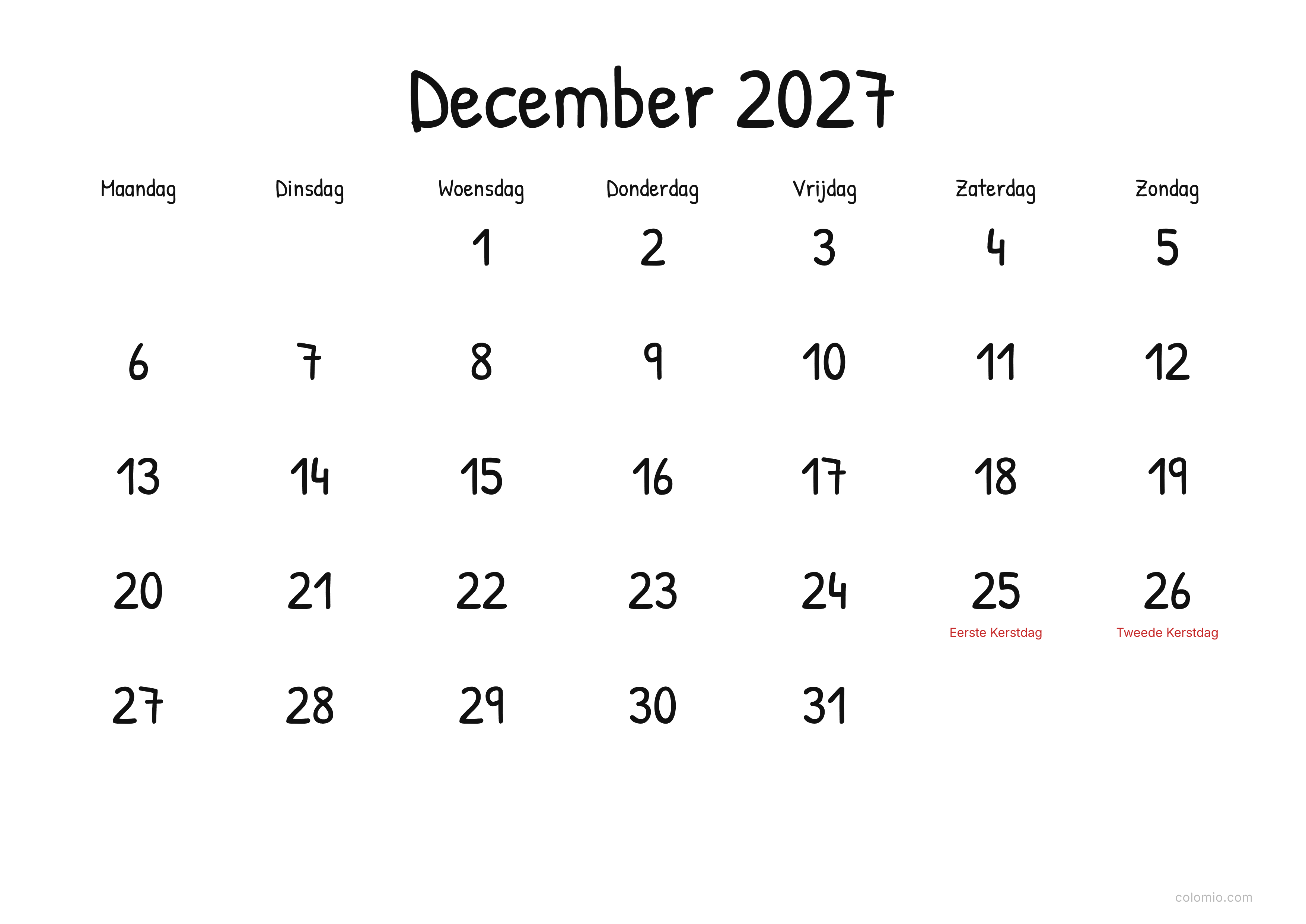 Kalender December 2027 display · liggend, PDF om af te drukken