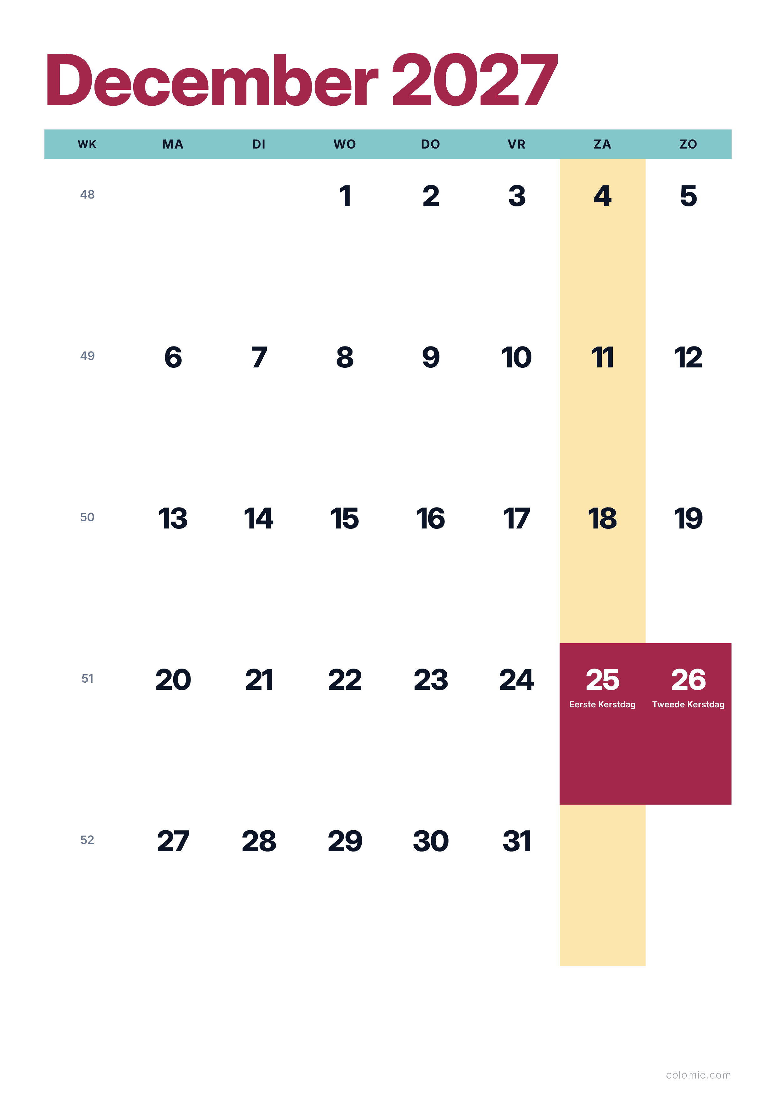 Kalender December 2027 kleurrijk & modern · staand, PDF om af te drukken