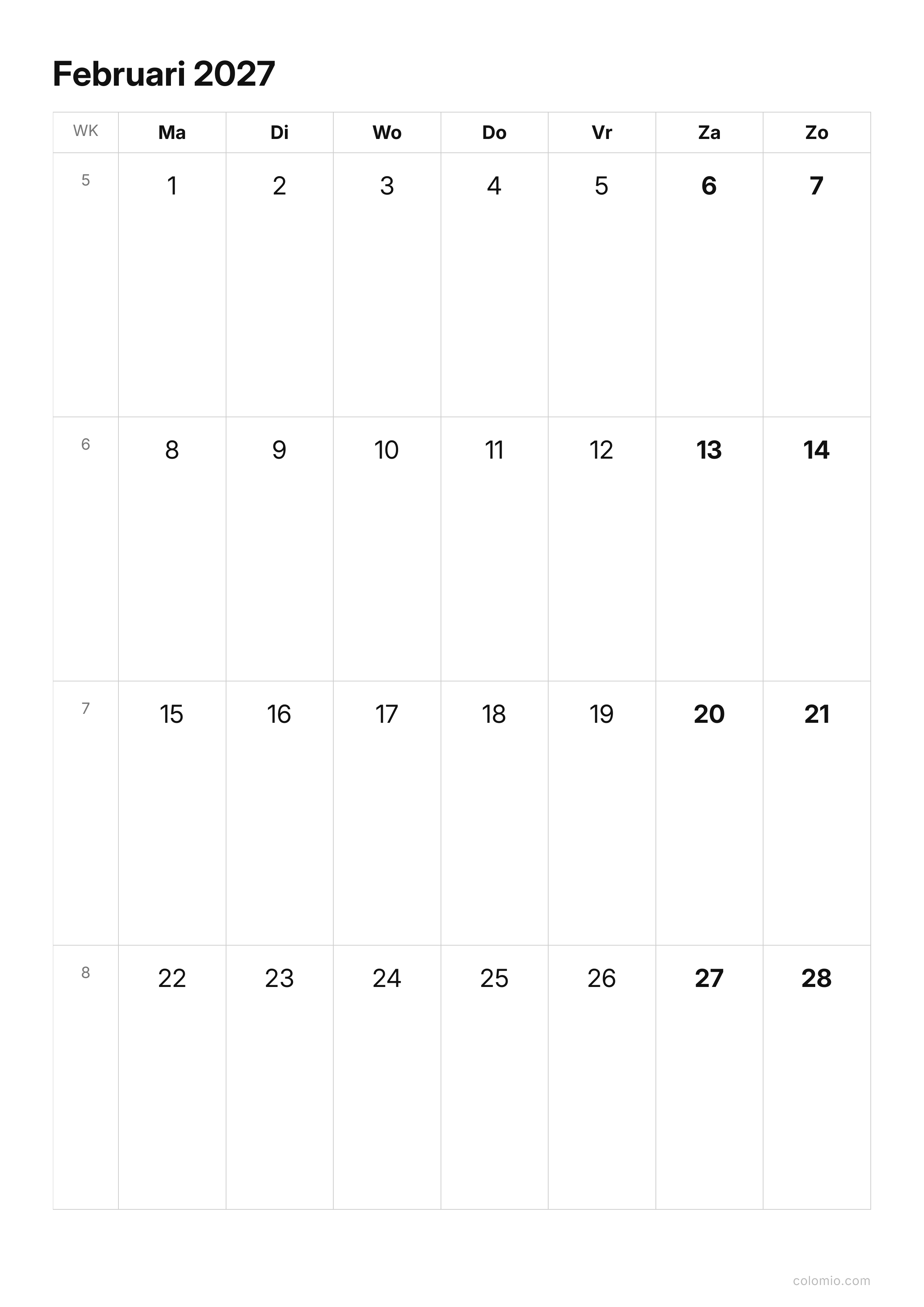 Kalender Februari 2027 strak · staand, PDF om af te drukken