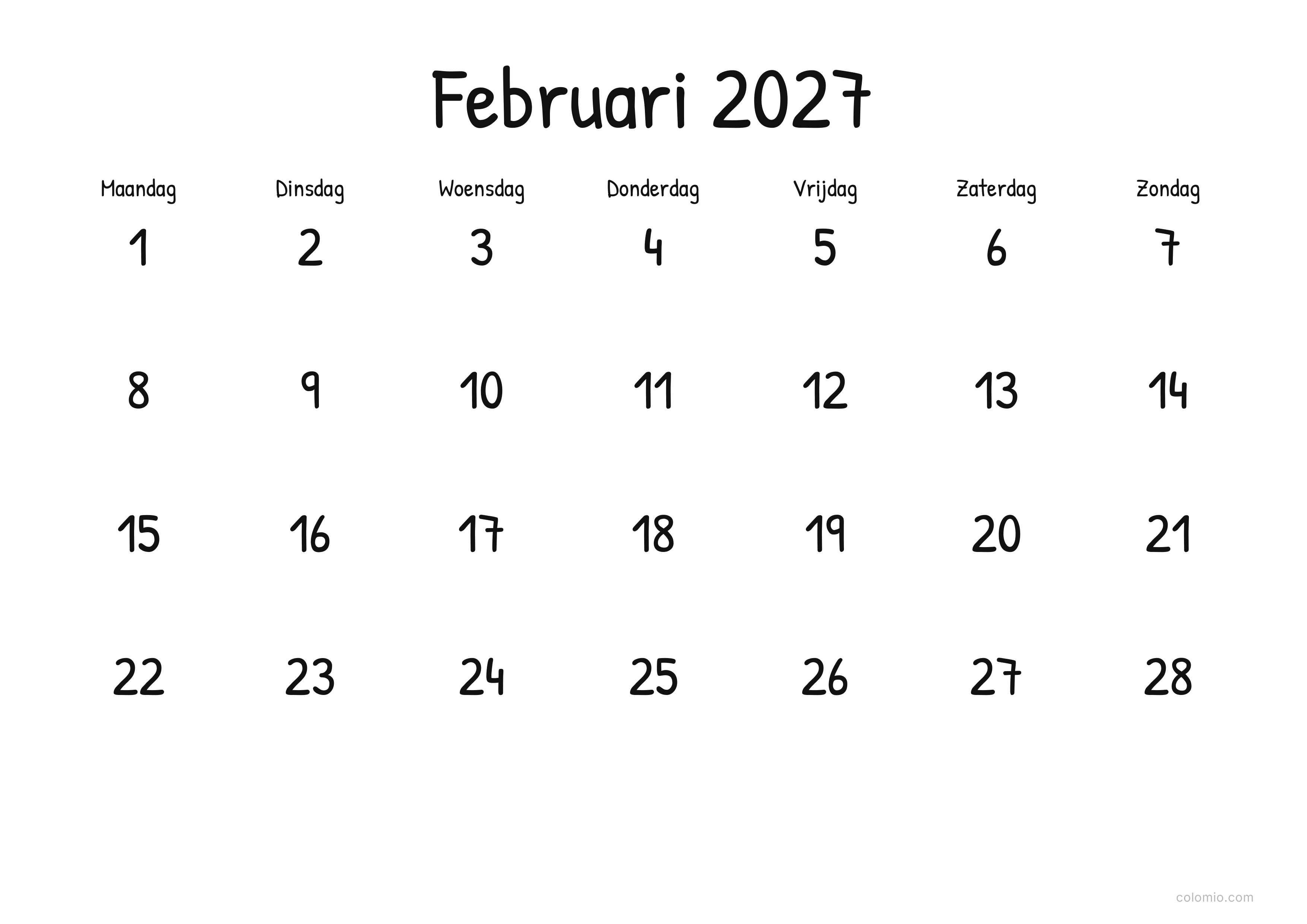 Kalender Februari 2027 display · liggend, PDF om af te drukken