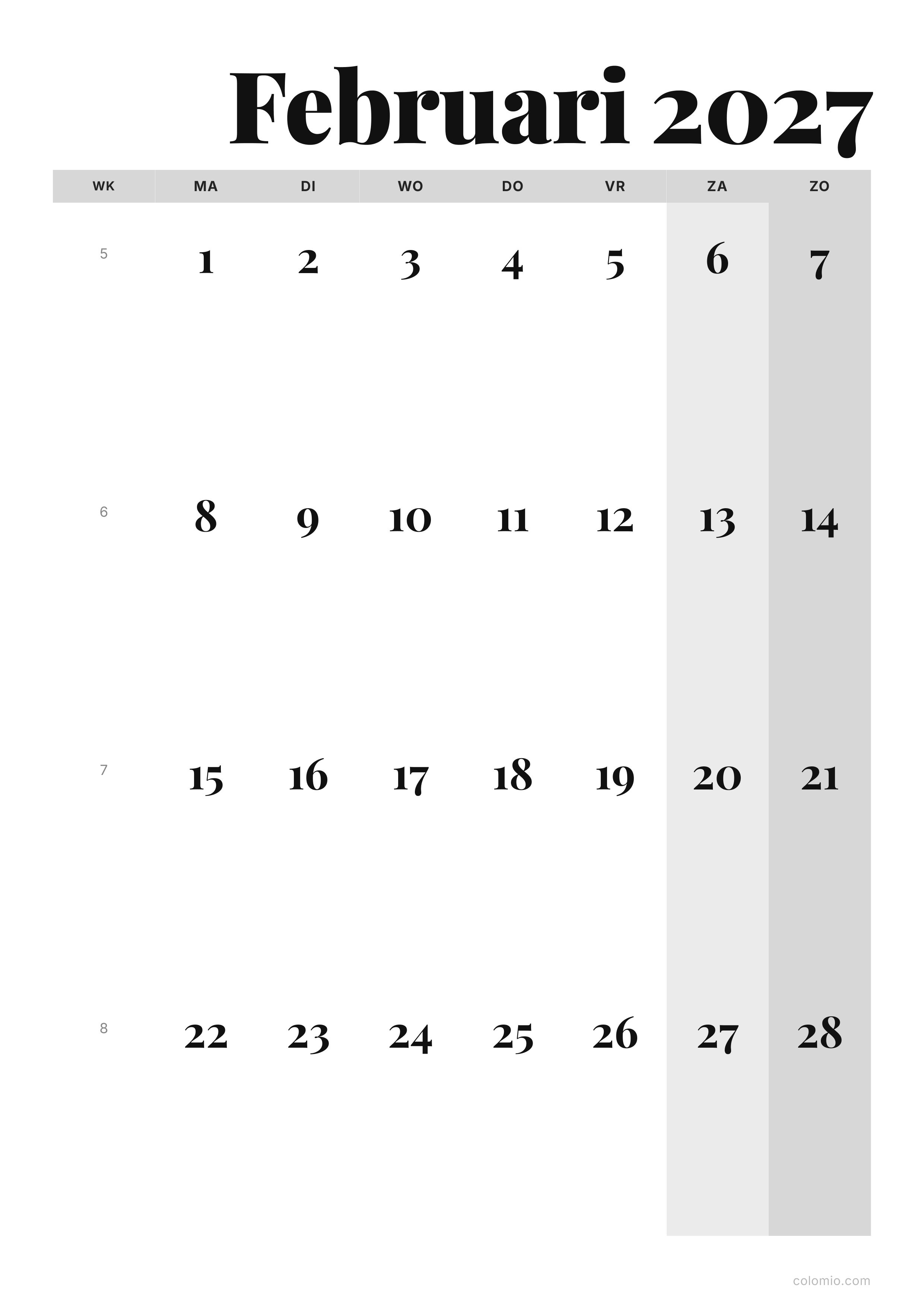 Kalender Februari 2027 editorial · staand, PDF om af te drukken
