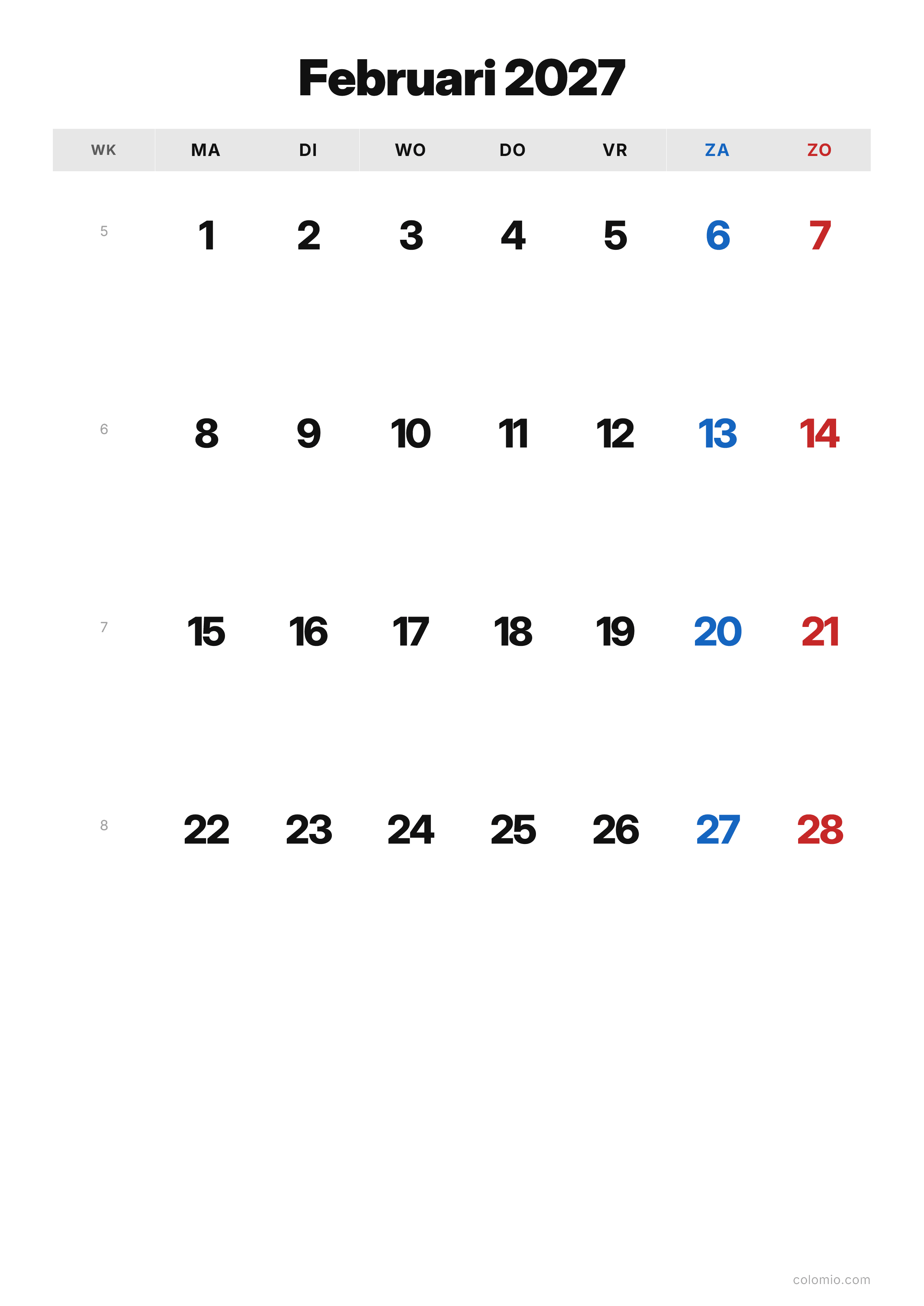 Kalender Februari 2027 klassiek · staand, PDF om af te drukken