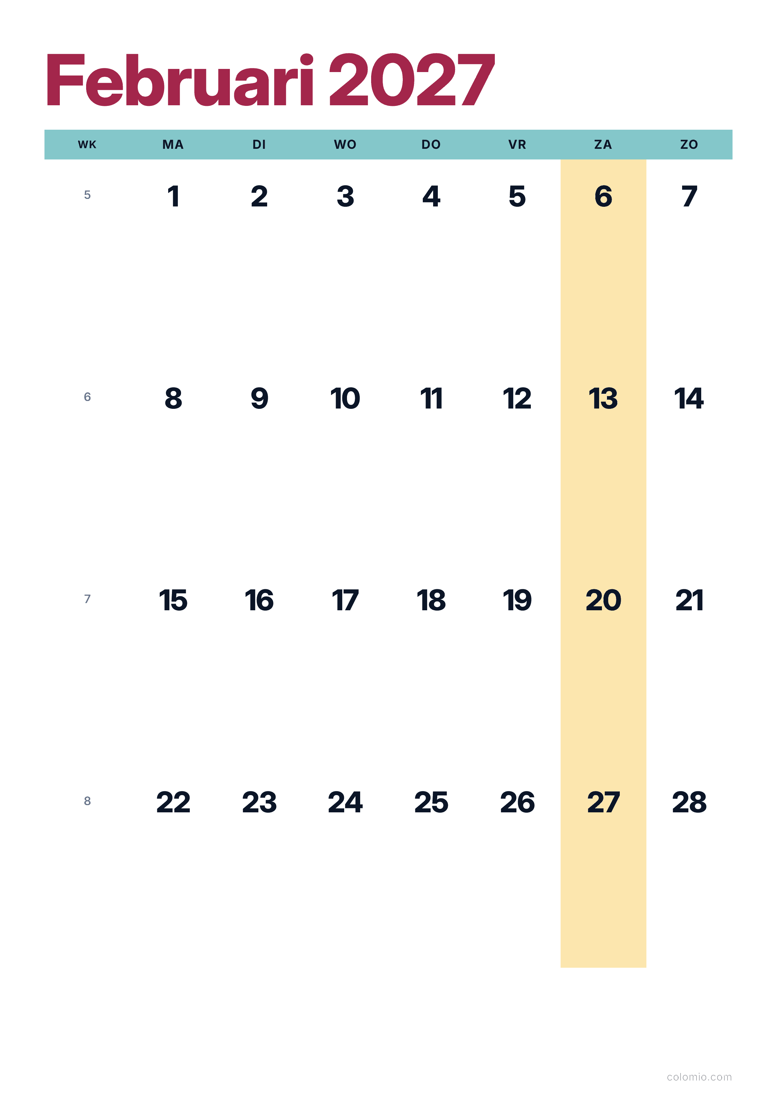 Kalender Februari 2027 kleurrijk & modern · staand, PDF om af te drukken