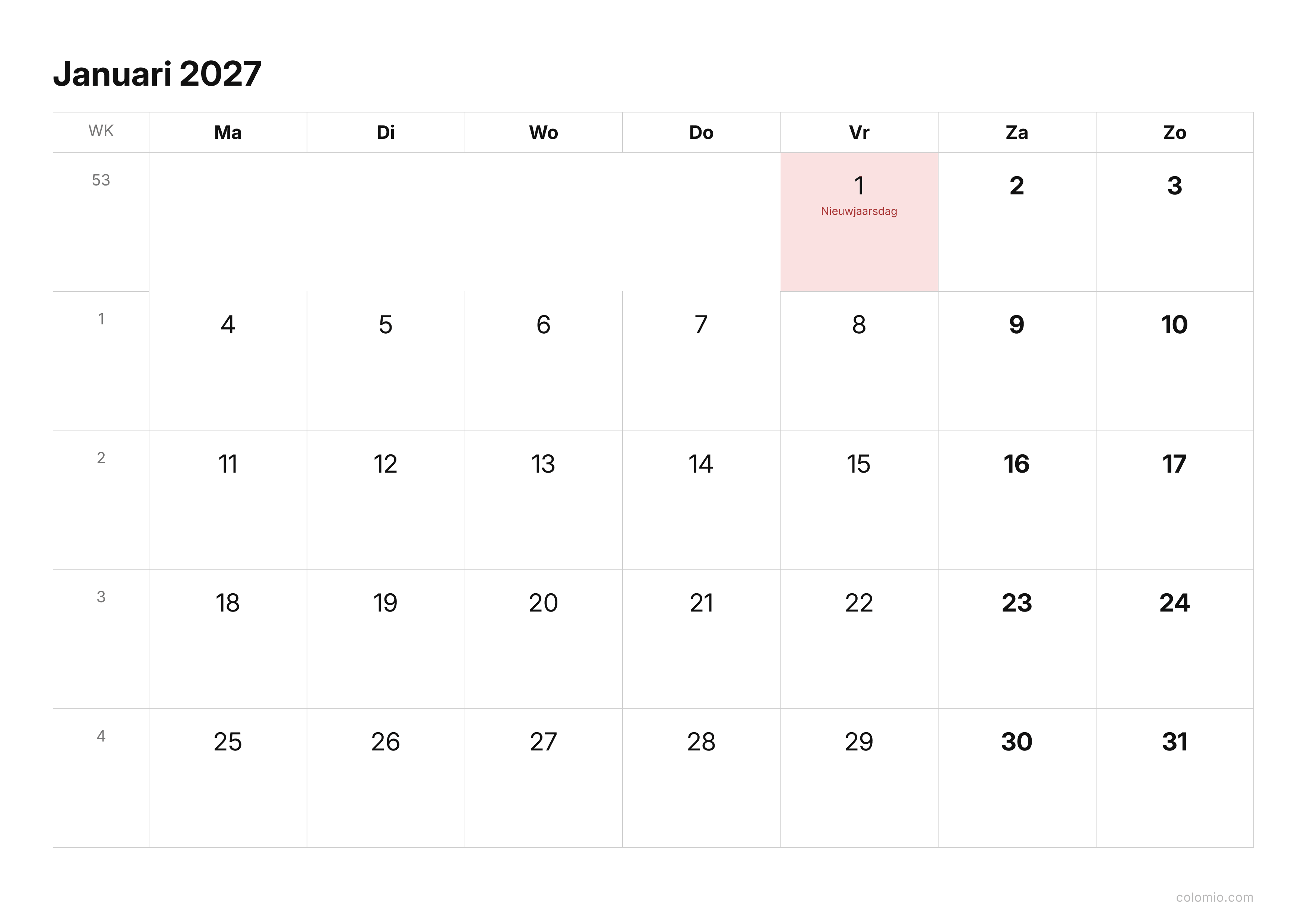 Kalender Januari 2027 strak · liggend, PDF om af te drukken