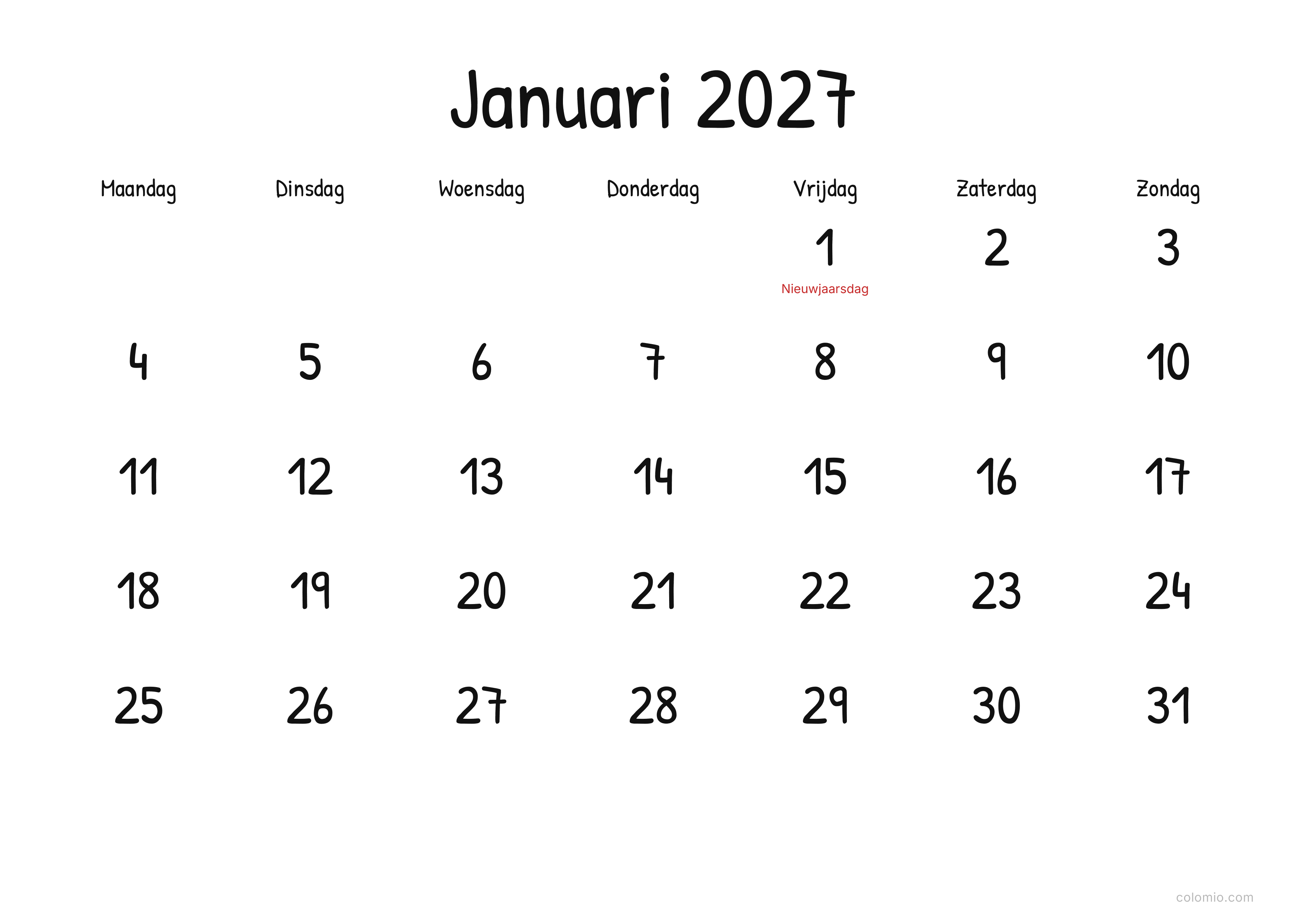 Kalender Januari 2027 display · liggend, PDF om af te drukken
