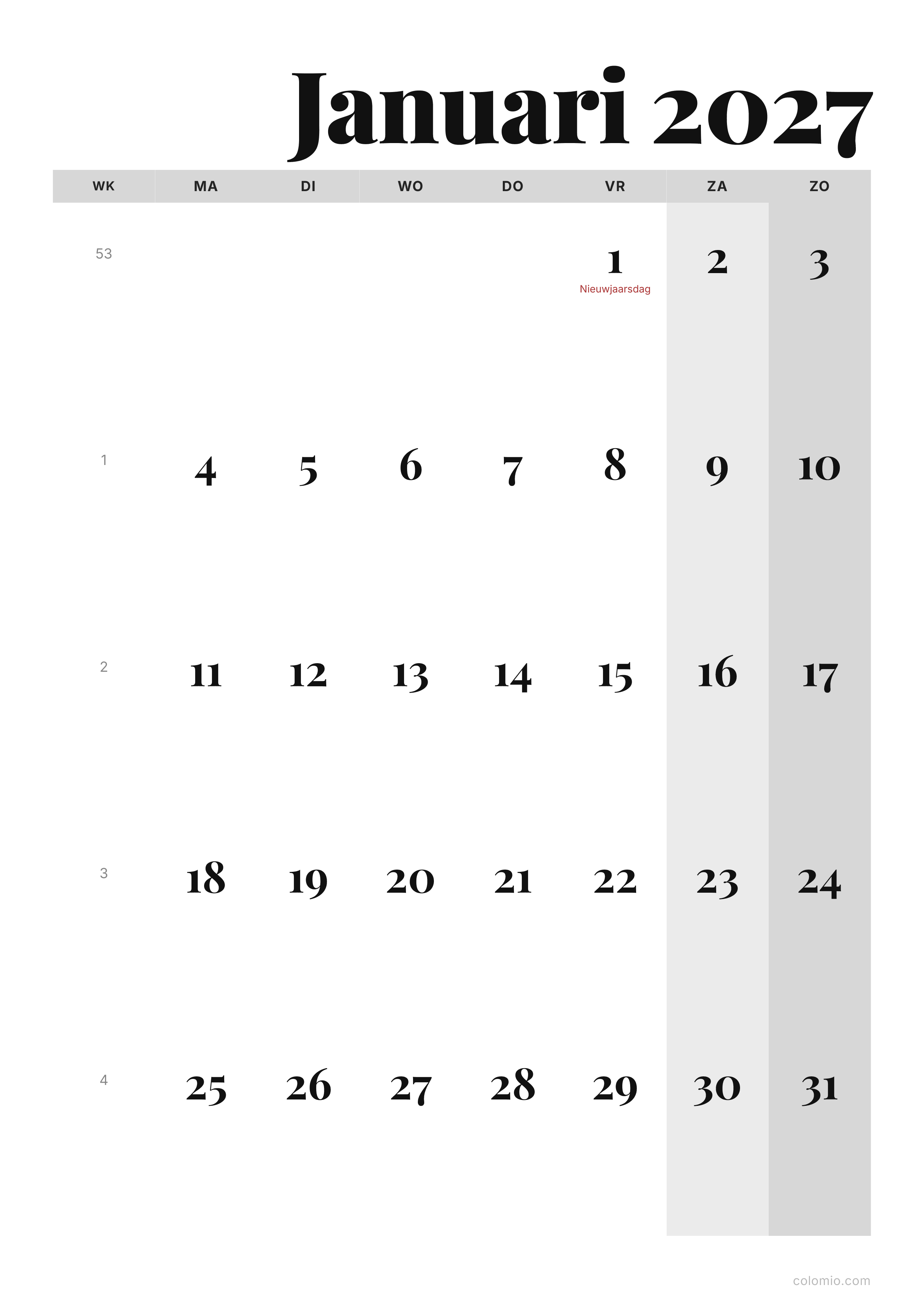 Kalender Januari 2027 editorial · staand, PDF om af te drukken