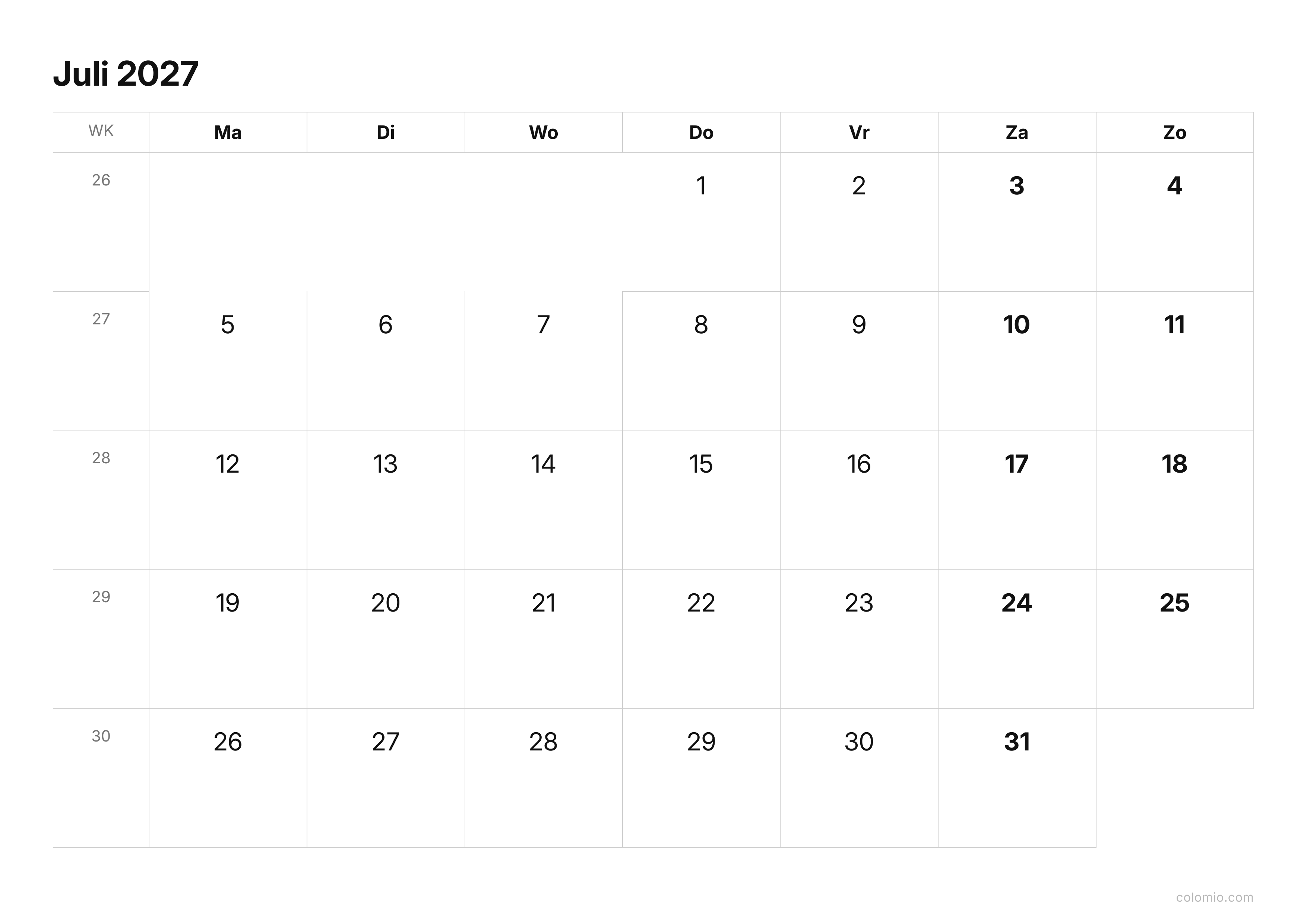 Kalender Juli 2027 strak · liggend, PDF om af te drukken