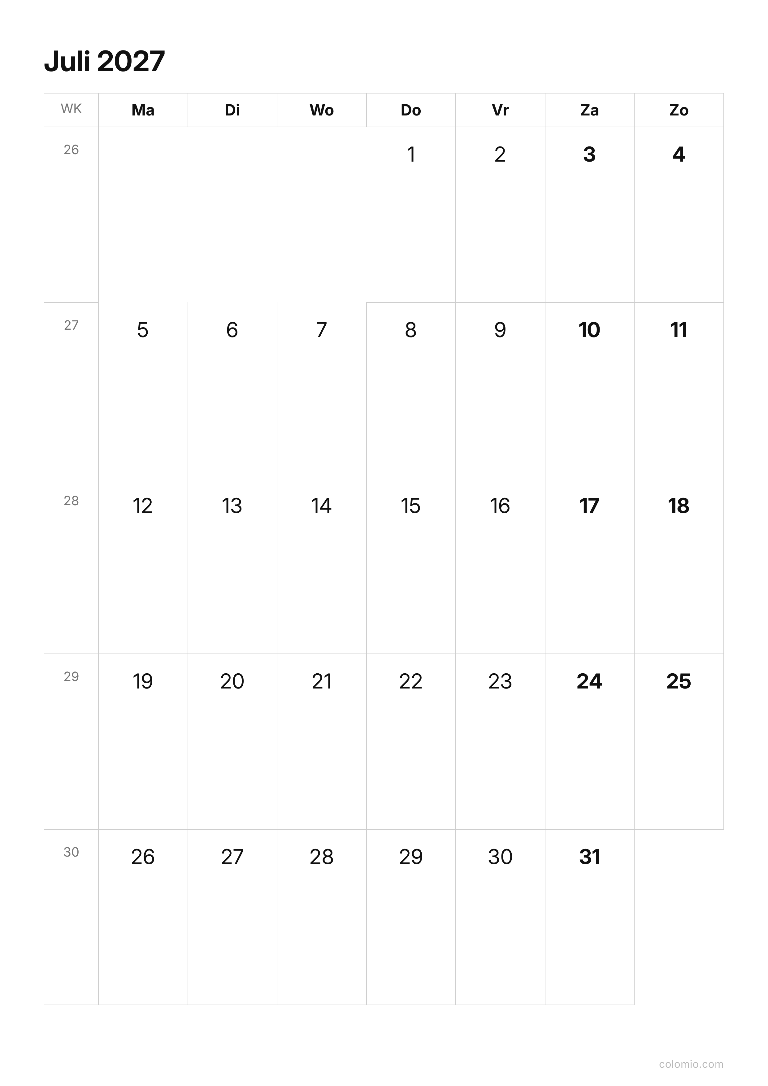Kalender Juli 2027 strak · staand, PDF om af te drukken