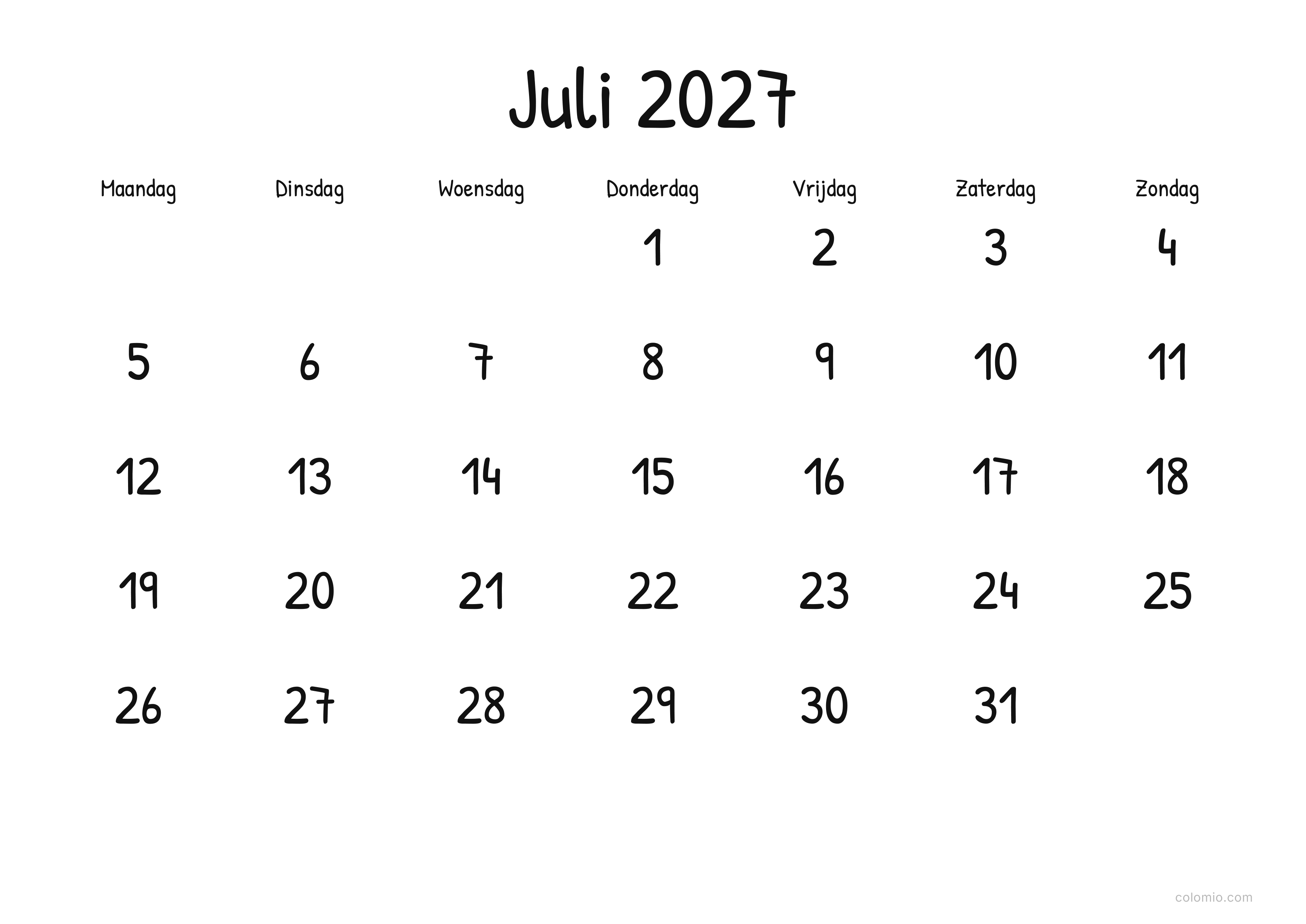 Kalender Juli 2027 display · liggend, PDF om af te drukken