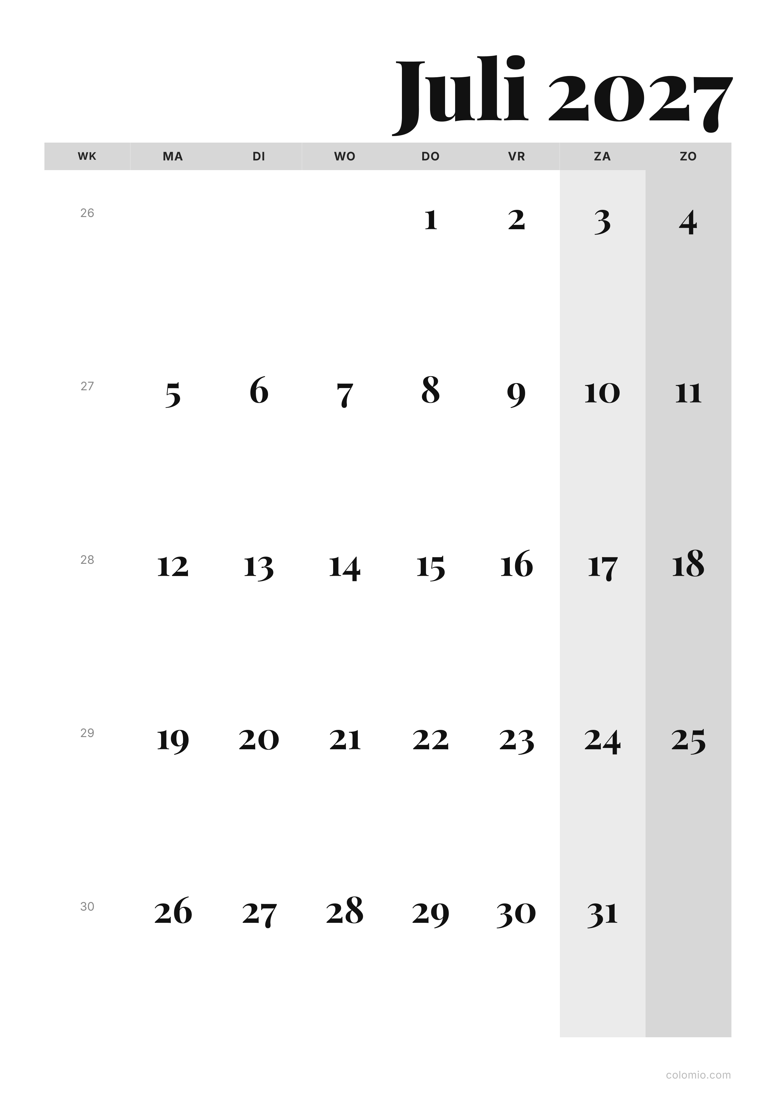 Kalender Juli 2027 editorial · staand, PDF om af te drukken