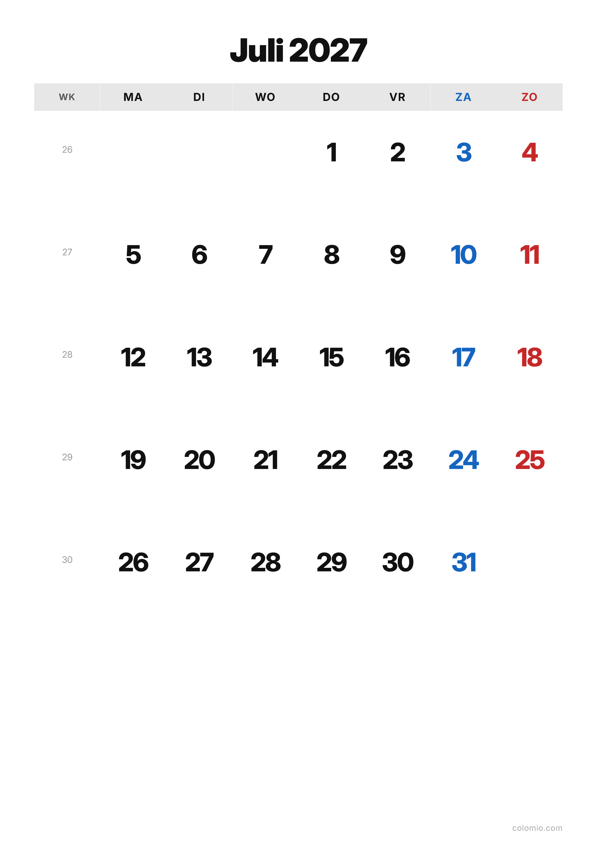 Kalender Juli 2027 klassiek · staand, PDF om af te drukken