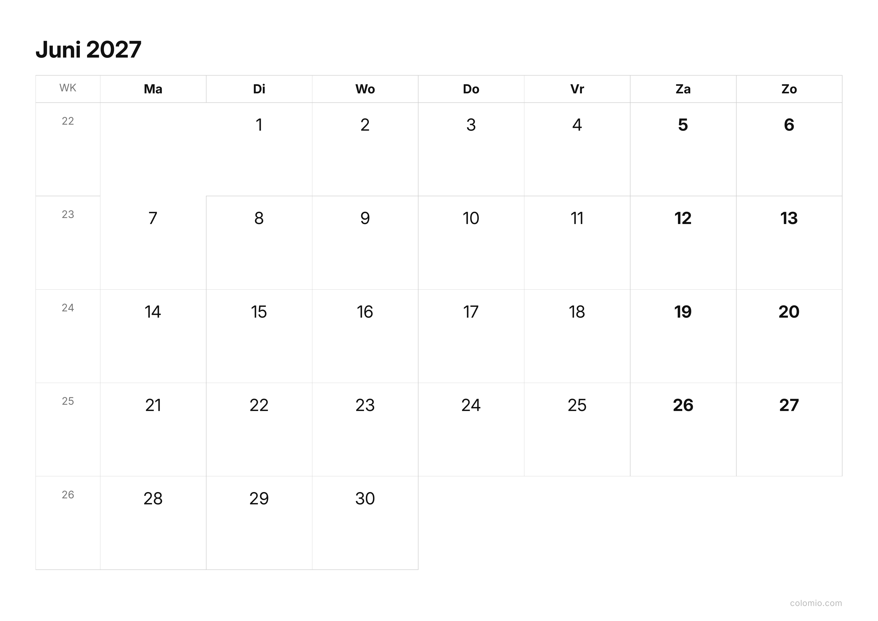 Kalender Juni 2027 strak · liggend, PDF om af te drukken