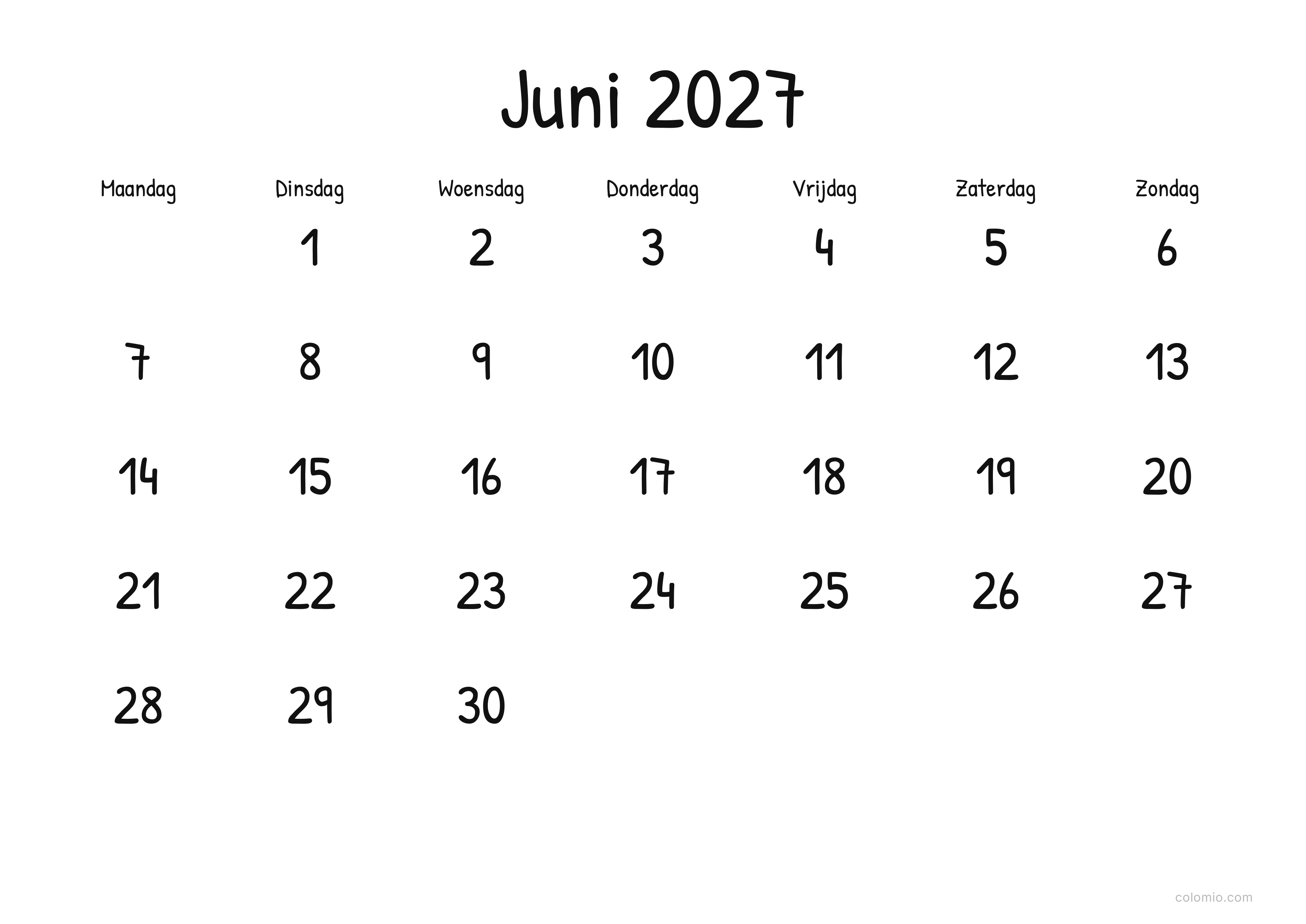 Kalender Juni 2027 display · liggend, PDF om af te drukken