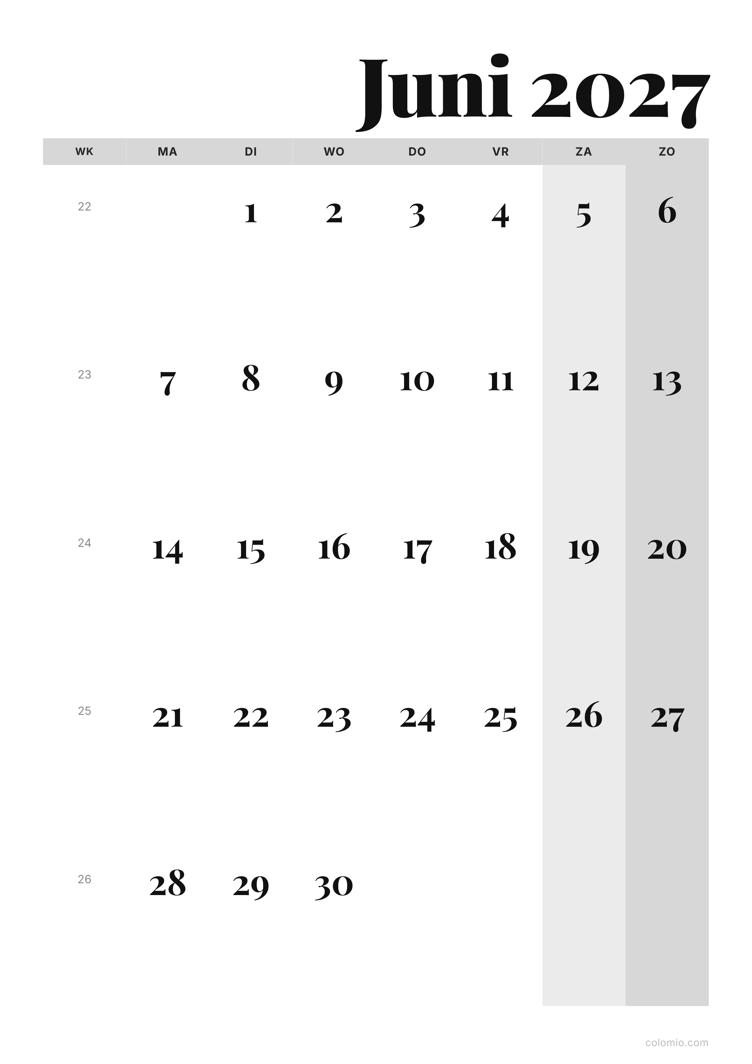 Kalender Juni 2027 editorial · staand, PDF om af te drukken