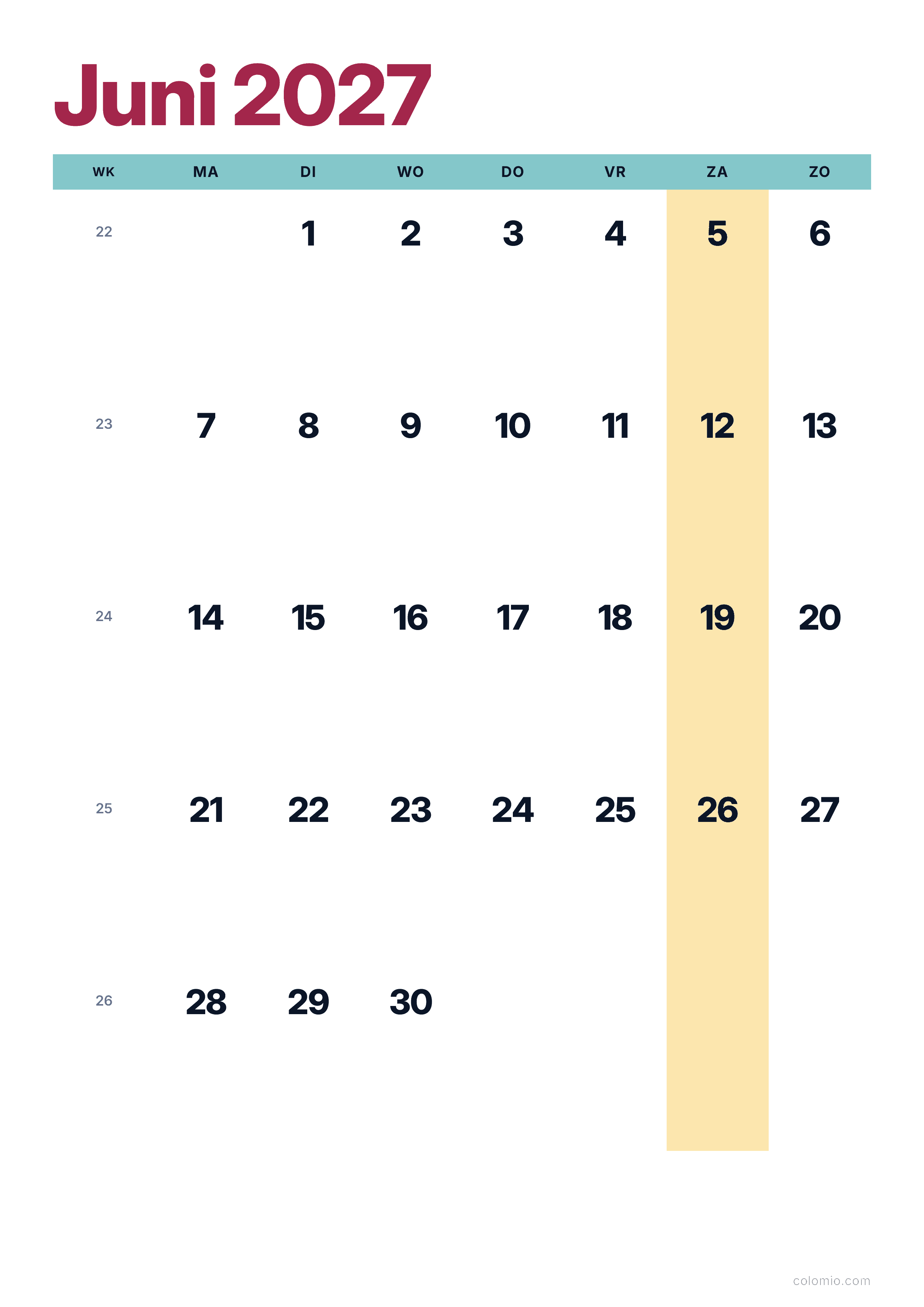 Kalender Juni 2027 kleurrijk & modern · staand, PDF om af te drukken