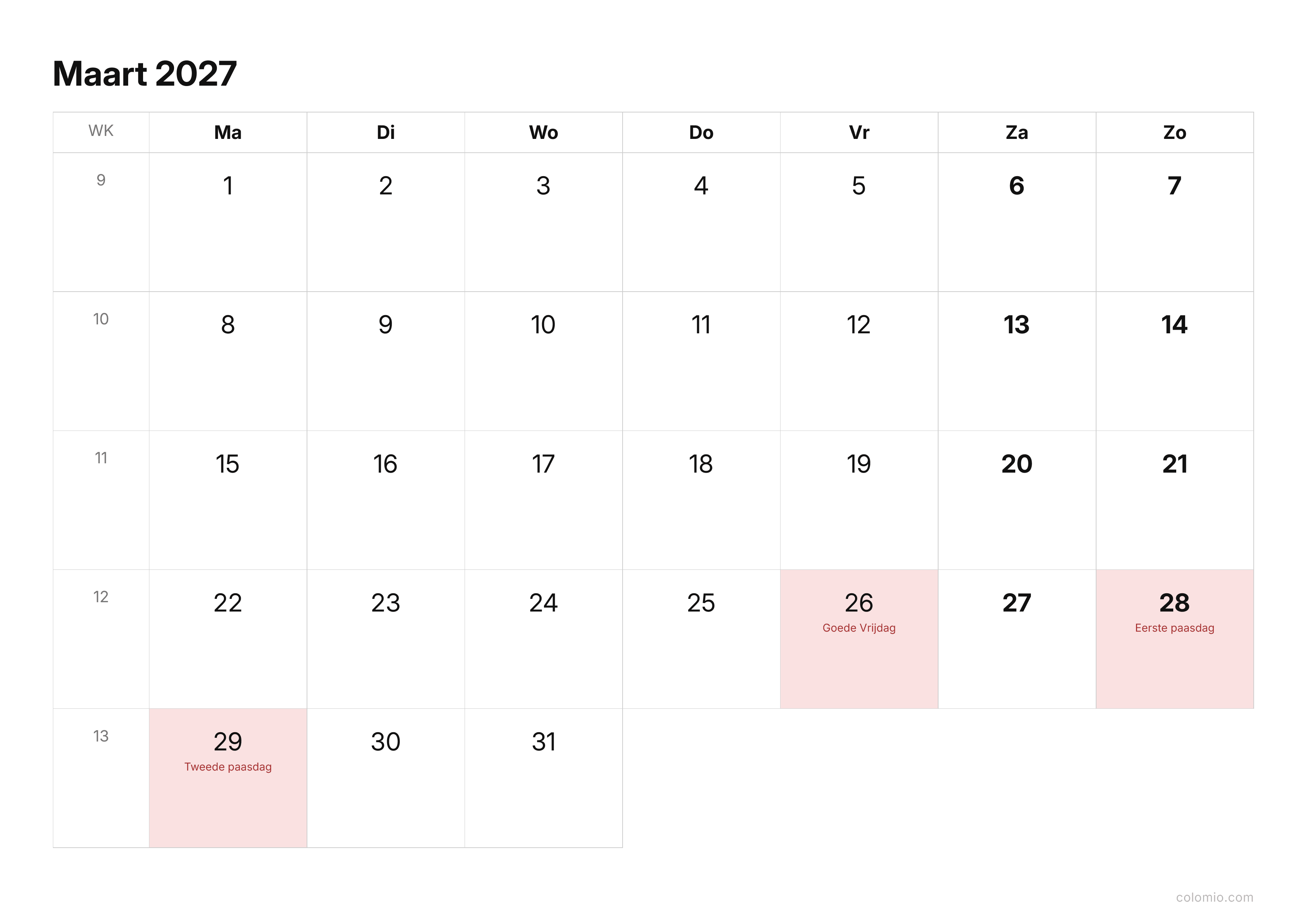 Kalender Maart 2027 strak · liggend, PDF om af te drukken