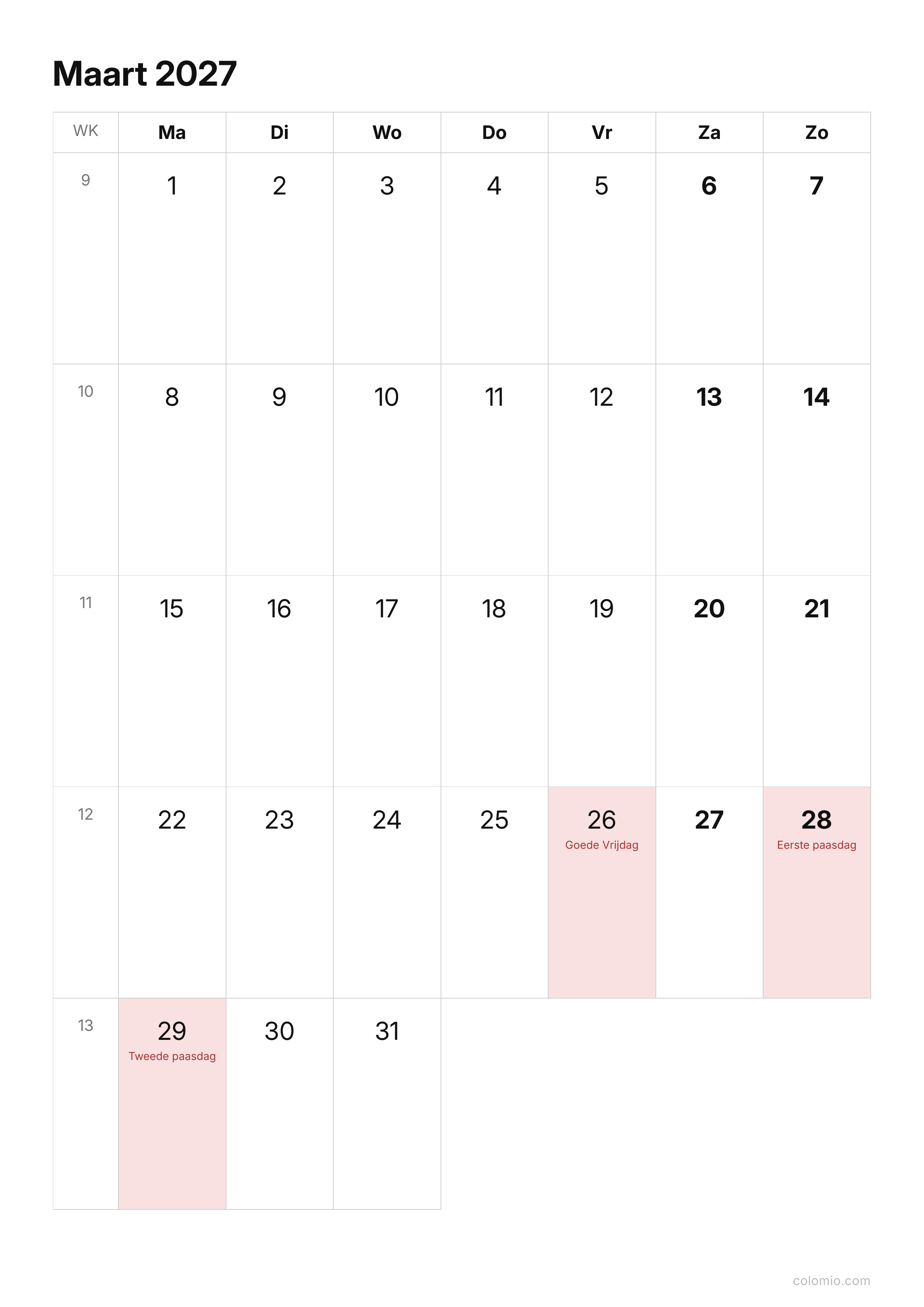 Kalender Maart 2027 strak · staand, PDF om af te drukken