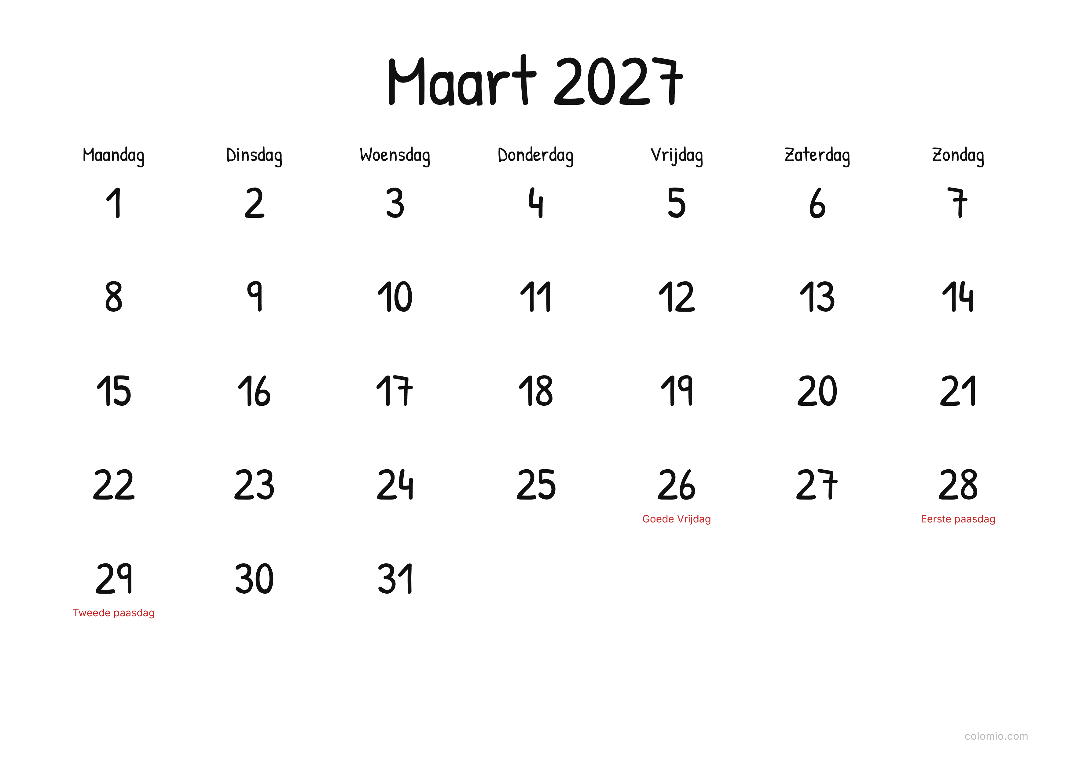 Kalender Maart 2027 display · liggend, PDF om af te drukken