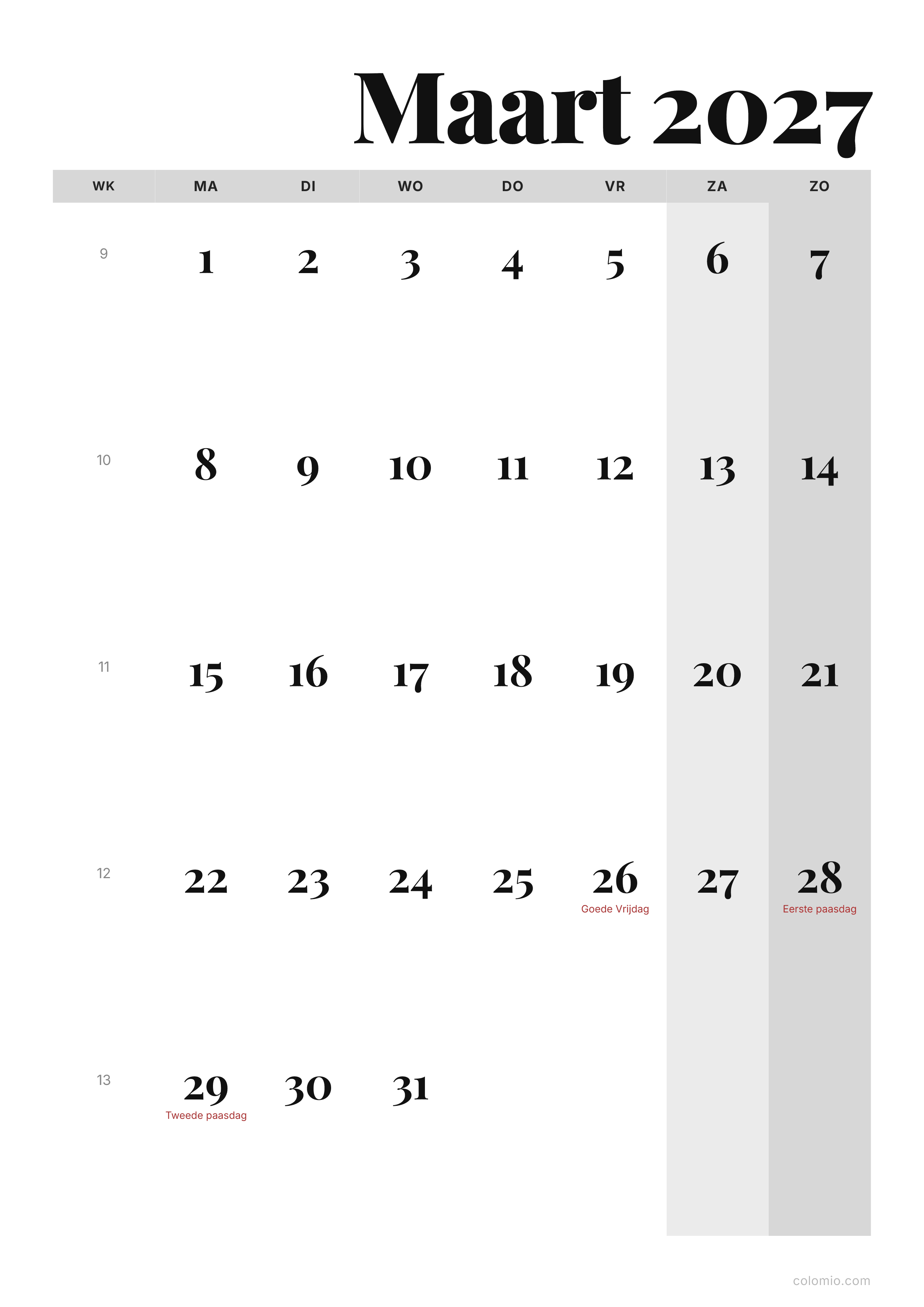 Kalender Maart 2027 editorial · staand, PDF om af te drukken