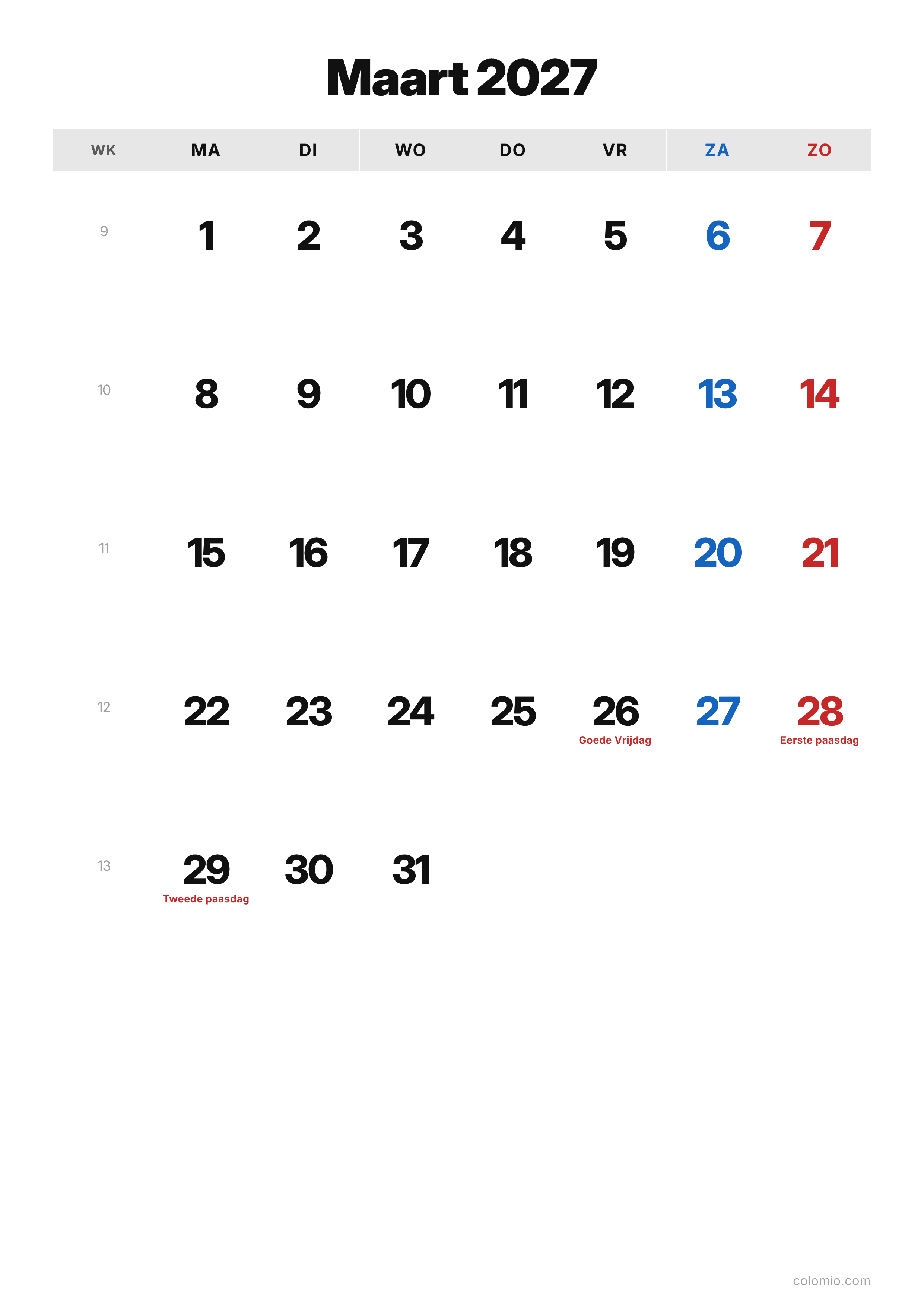 Kalender Maart 2027 klassiek · staand, PDF om af te drukken