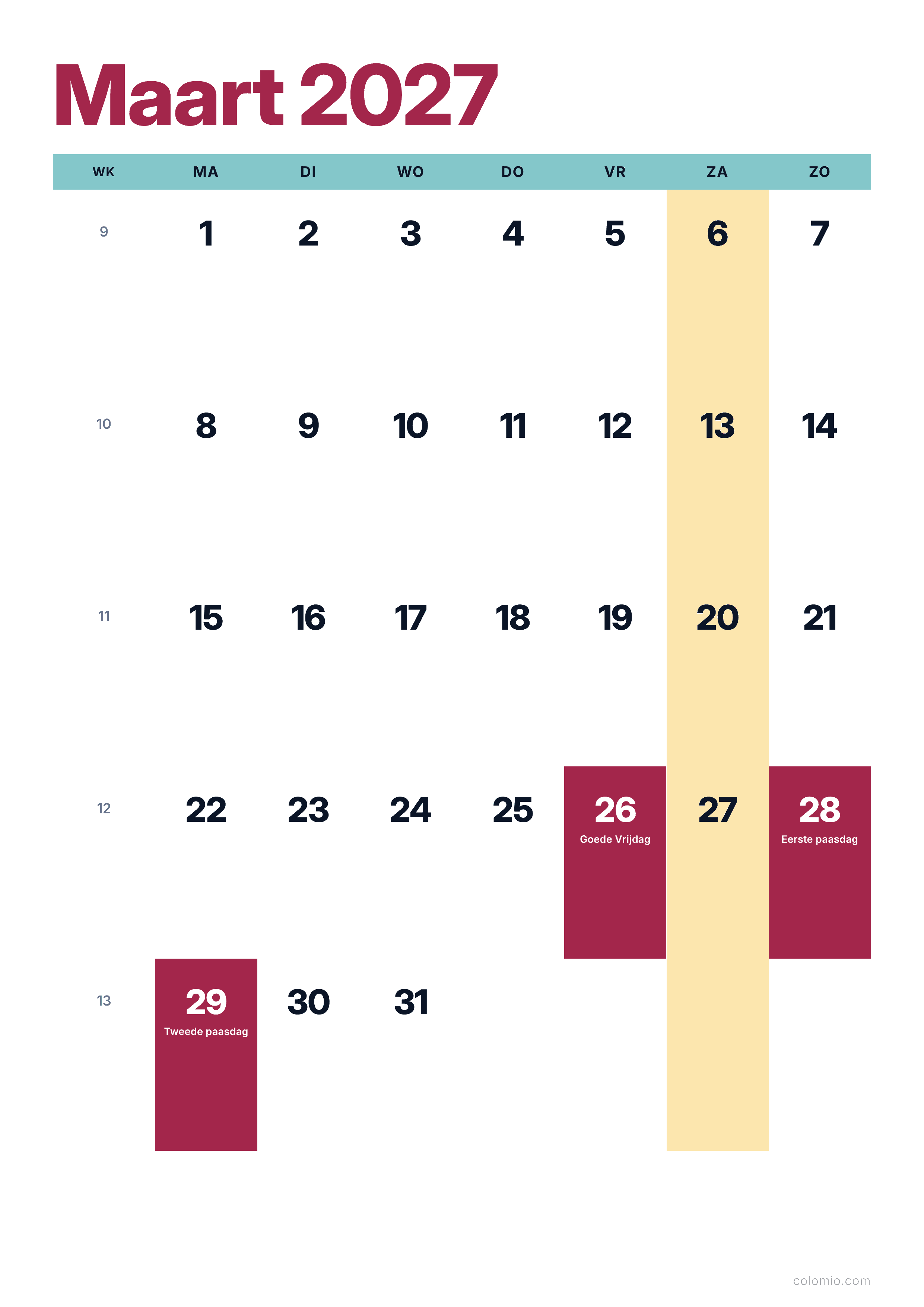 Kalender Maart 2027 kleurrijk & modern · staand, PDF om af te drukken