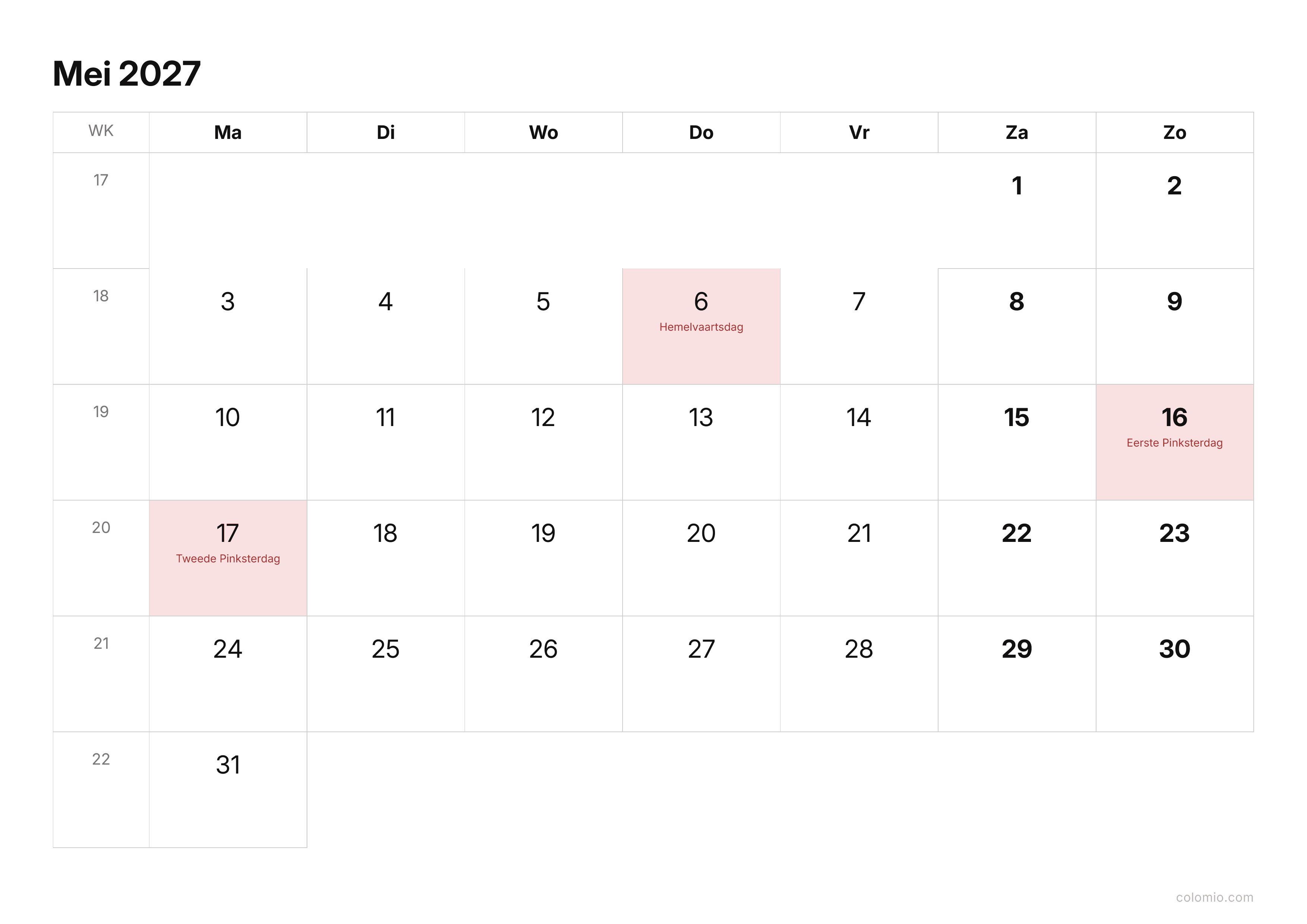 Kalender Mei 2027 strak · liggend, PDF om af te drukken