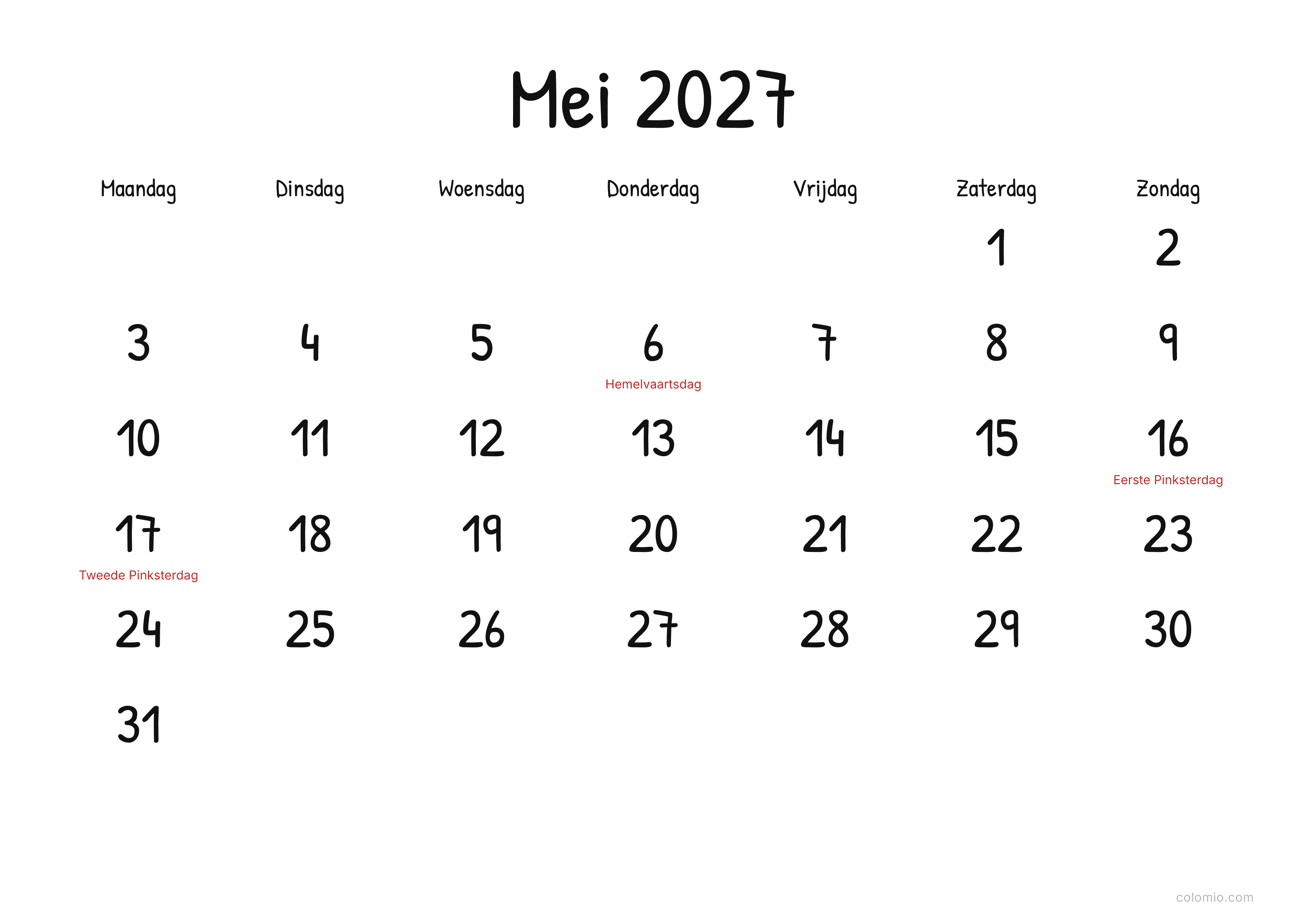 Kalender Mei 2027 display · liggend, PDF om af te drukken