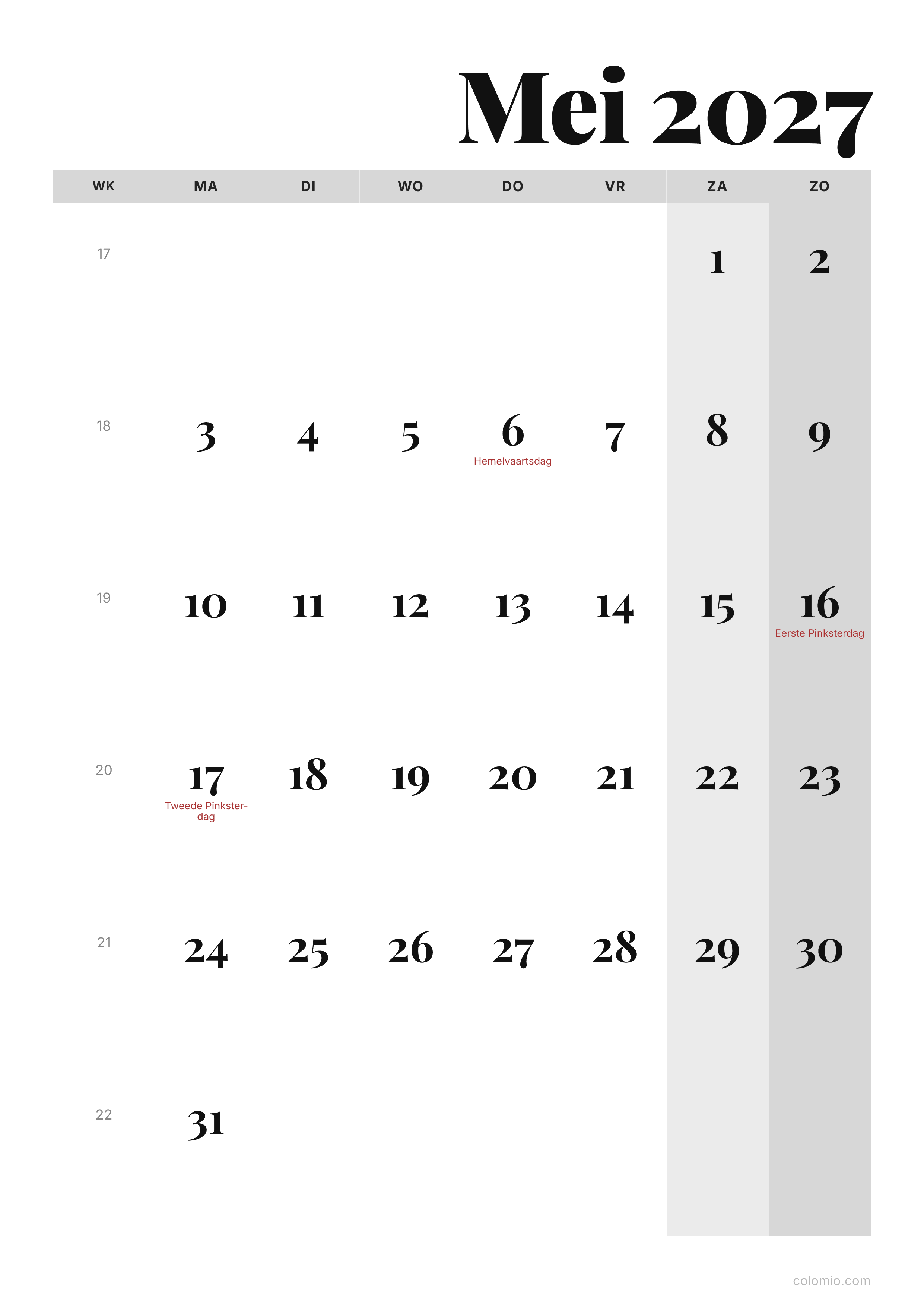 Kalender Mei 2027 editorial · staand, PDF om af te drukken